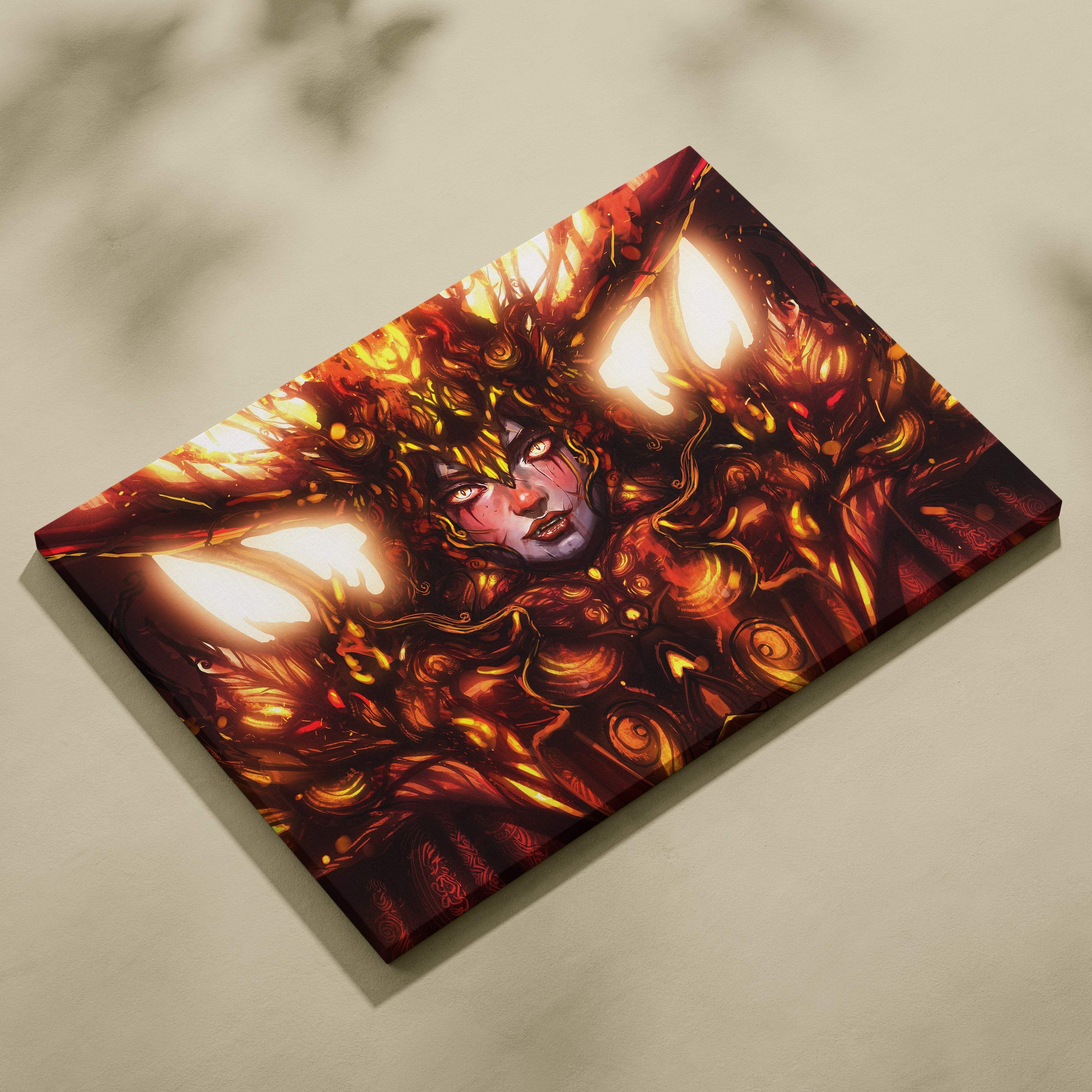 Rectangular canvas print of a fiery female figure with glowing golden and orange wings in dark mythic style