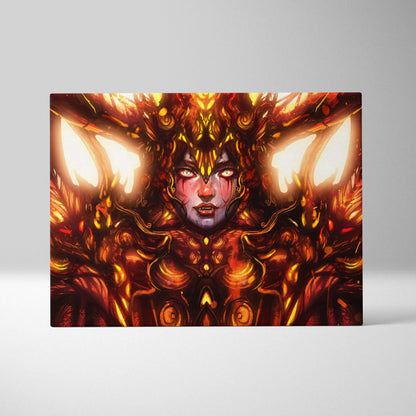 Inferno empress canvas art featuring a fiery fantasy goddess with glowing golden orange wings and intricate armor