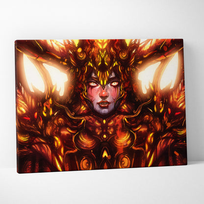 Vibrant orange and gold fiery winged figure with glowing eyes on inferno empress stretched canvas art wall decor