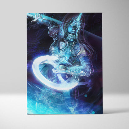 Blue and black cyberpunk samurai warrior canvas wall art featuring glowing cyan energy effects and neon blue katana