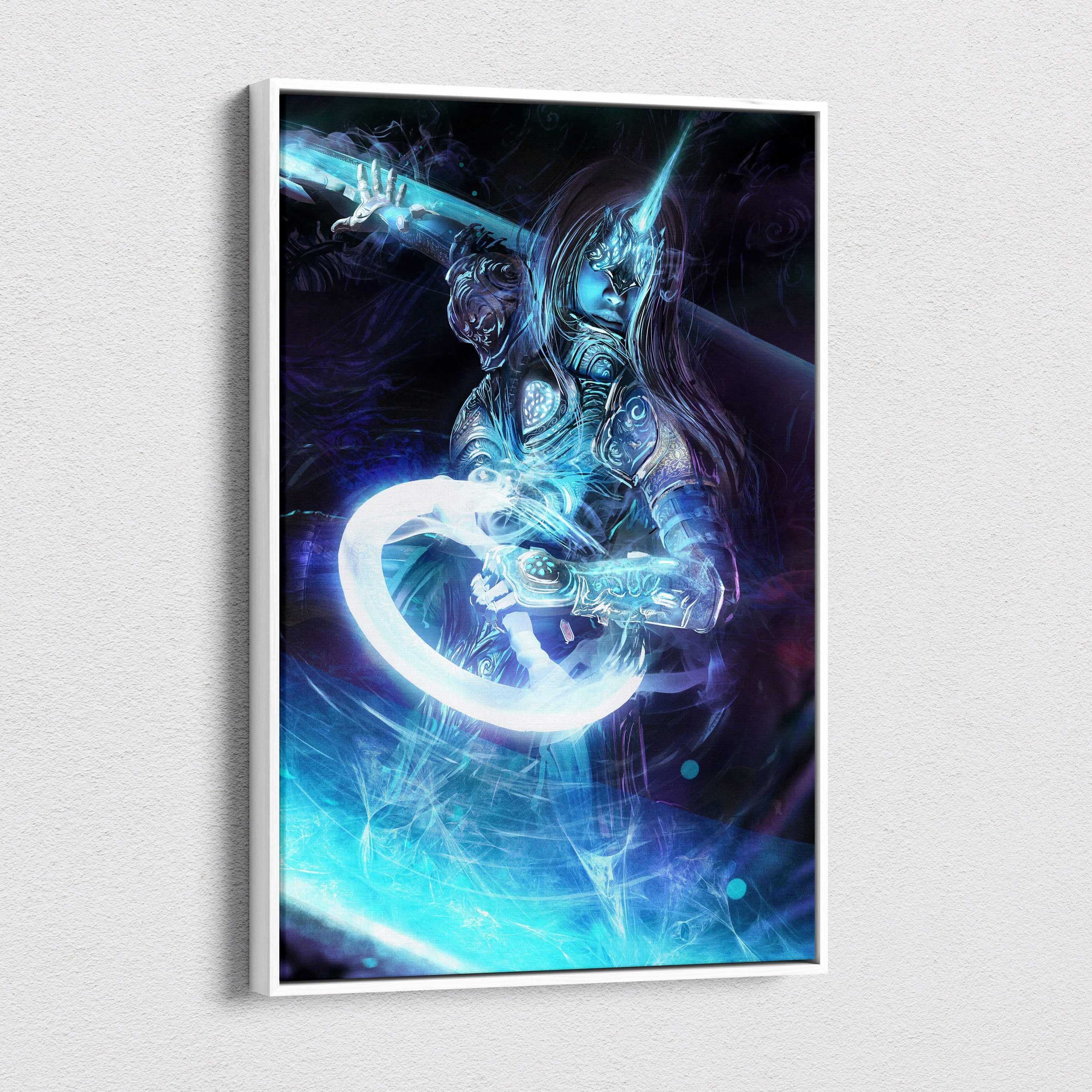 A framed cyberpunk samurai warrior canvas wall art featuring a blue-tinged armored figure with glowing katana weapons