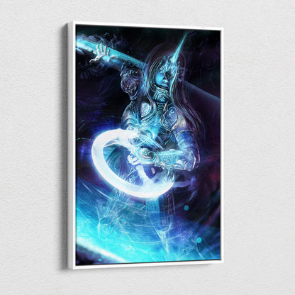 A framed cyberpunk samurai warrior canvas wall art featuring a blue-tinged armored figure with glowing katana weapons