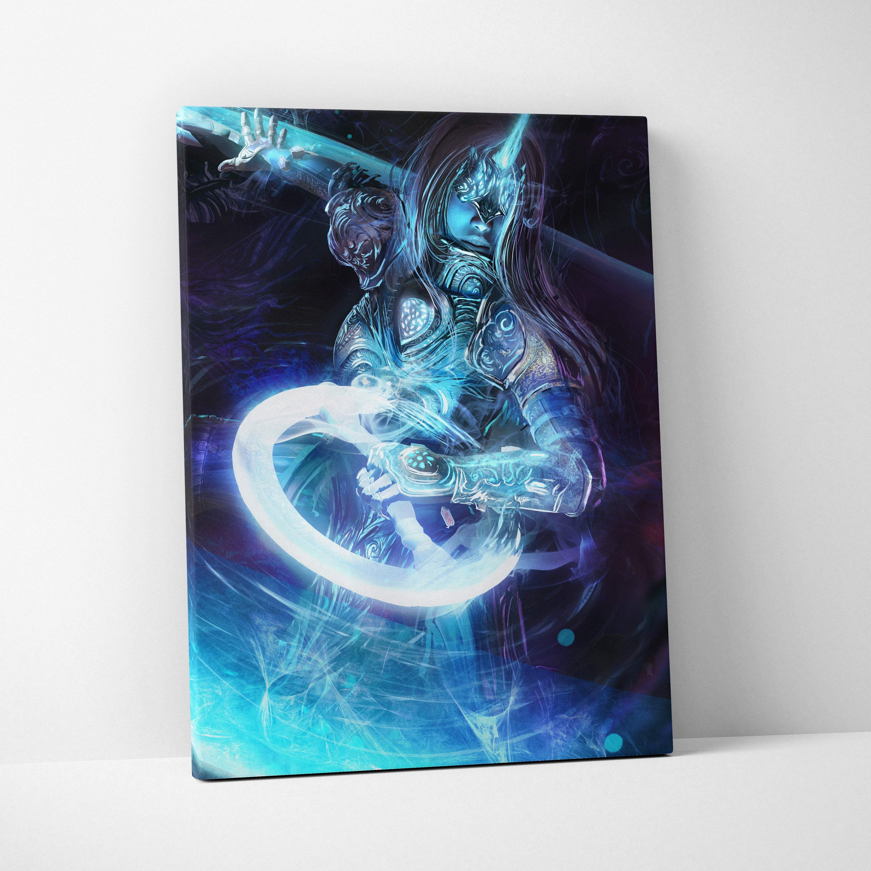 A vibrant blue and black cyberpunk samurai warrior canvas wall art with glowing katana and mystical energy on stretched canvas
