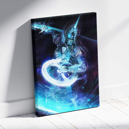 A vibrant blue and black stretched canvas featuring a cyberpunk samurai warrior with glowing katana and mystic energy