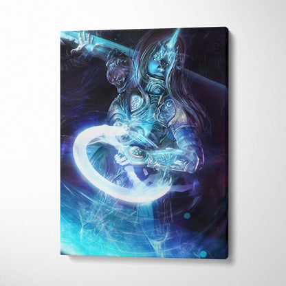Cyberpunk samurai warrior canvas wall art in neon blue and purple with glowing katana printed on stretched canvas