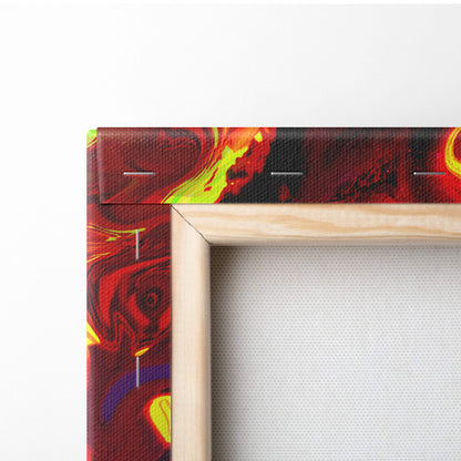 Neon shadow assassin canvas wall art with swirling red yellow and black marbled patterns in light wood frame