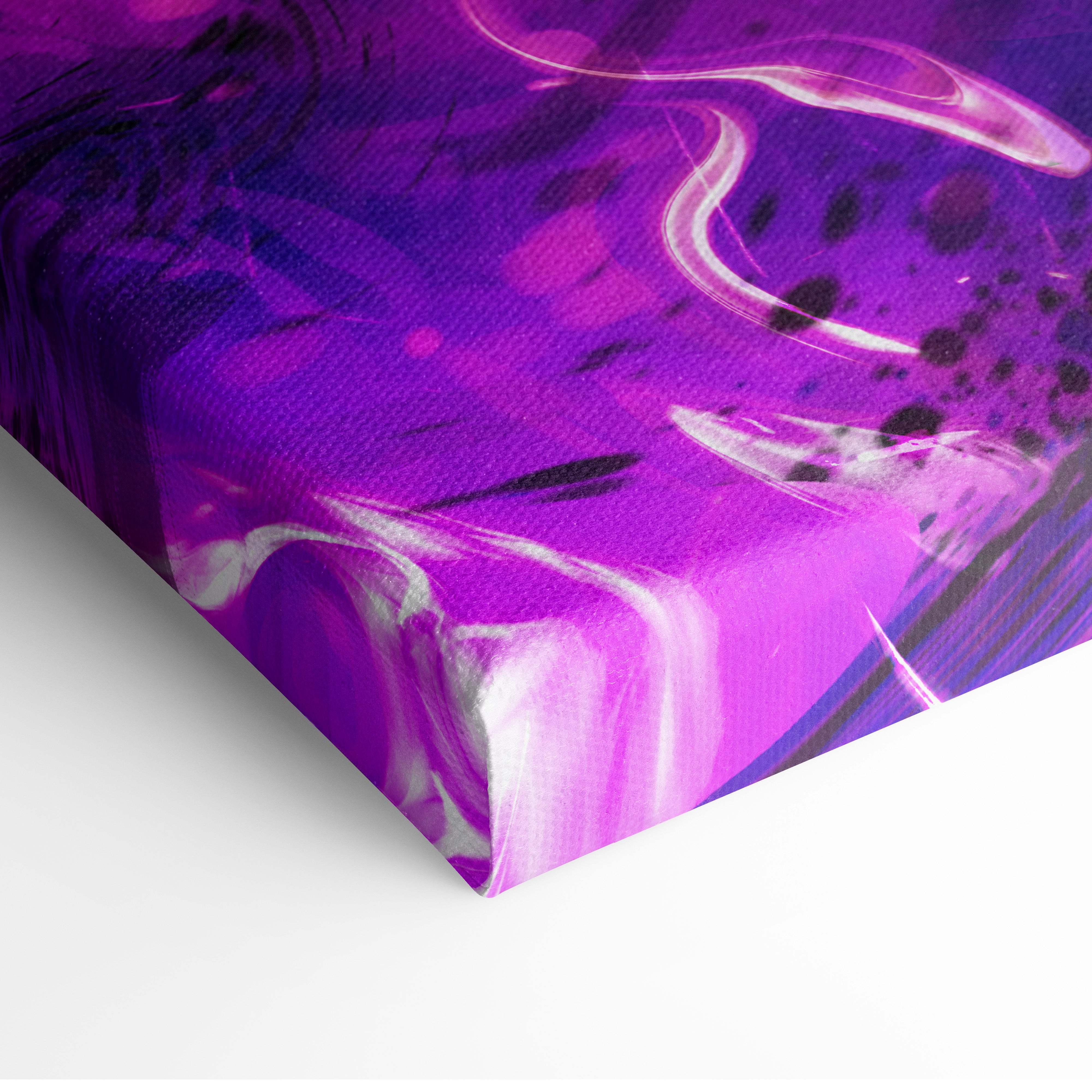 Neon shadow assassin canvas wall art featuring vibrant purple and white swirling marbled abstract patterns