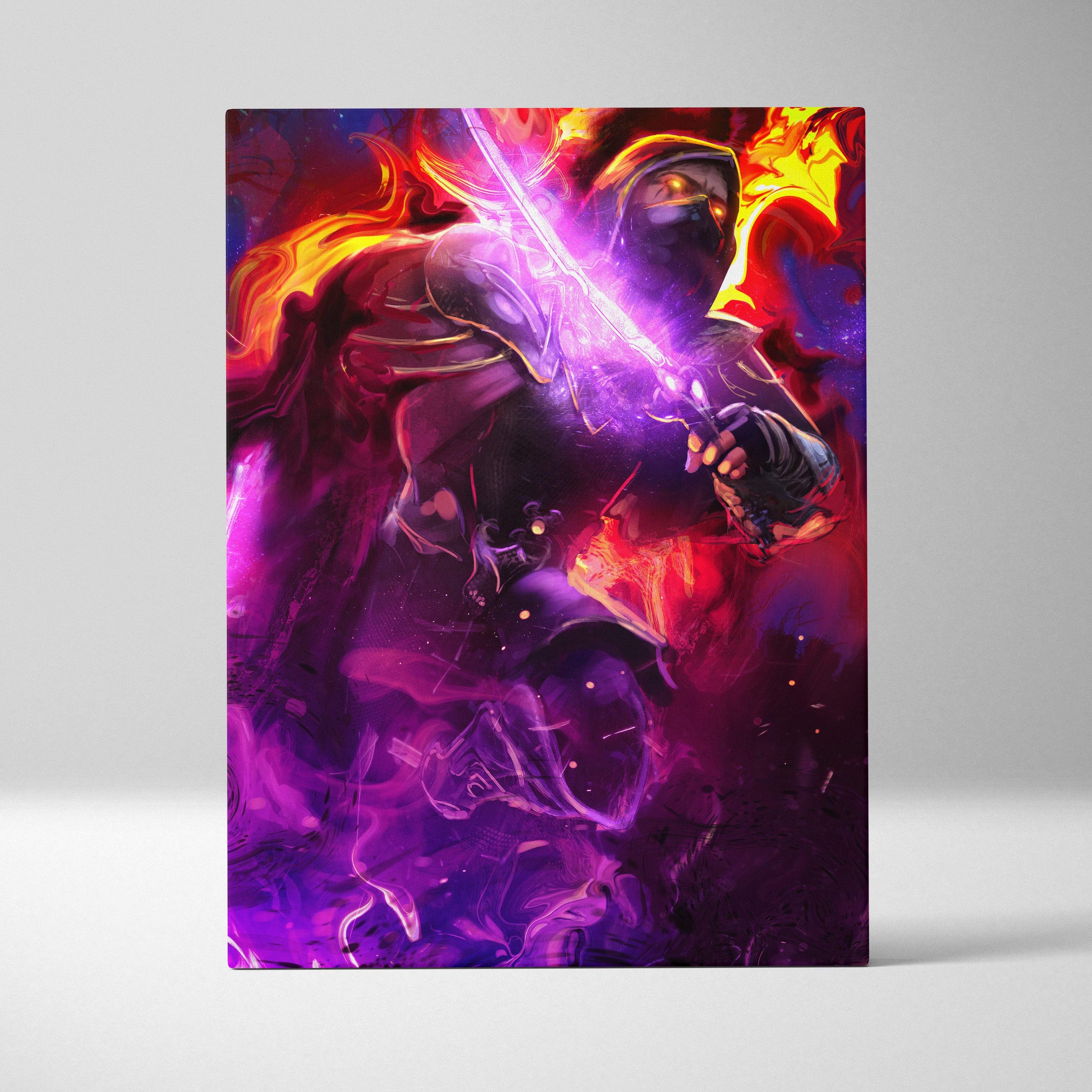 Neon shadow assassin canvas wall art featuring a dark hooded warrior with a glowing purple sword and fiery red flames