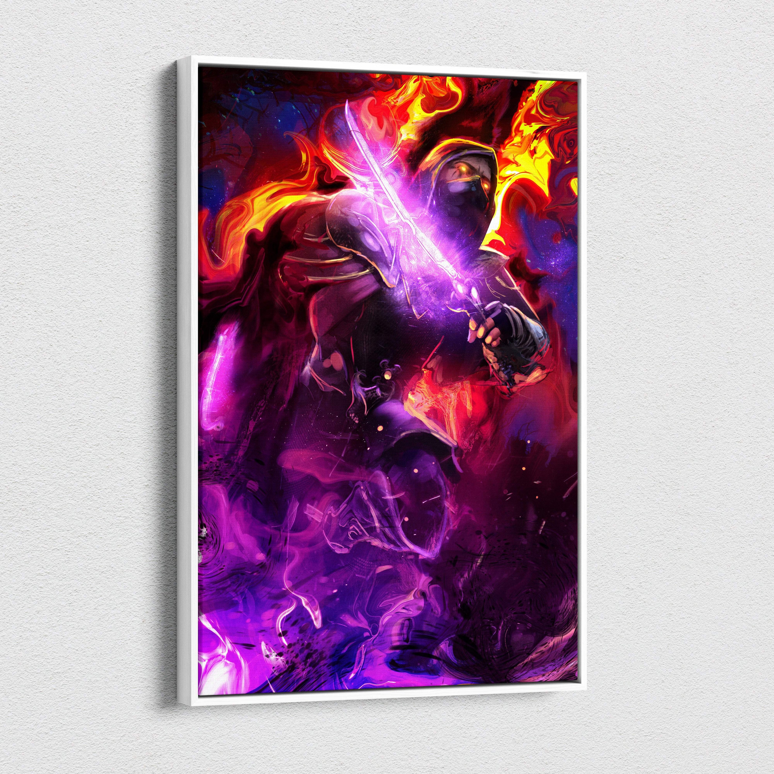 A framed canvas wall art featuring a dark hooded warrior with a glowing purple sword and red fire energy abstract background