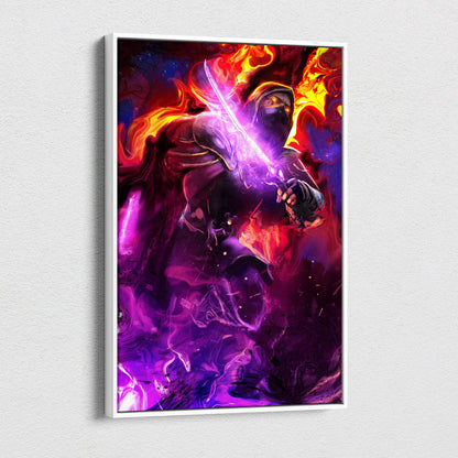 A framed canvas wall art featuring a dark hooded warrior with a glowing purple sword and red fire energy abstract background