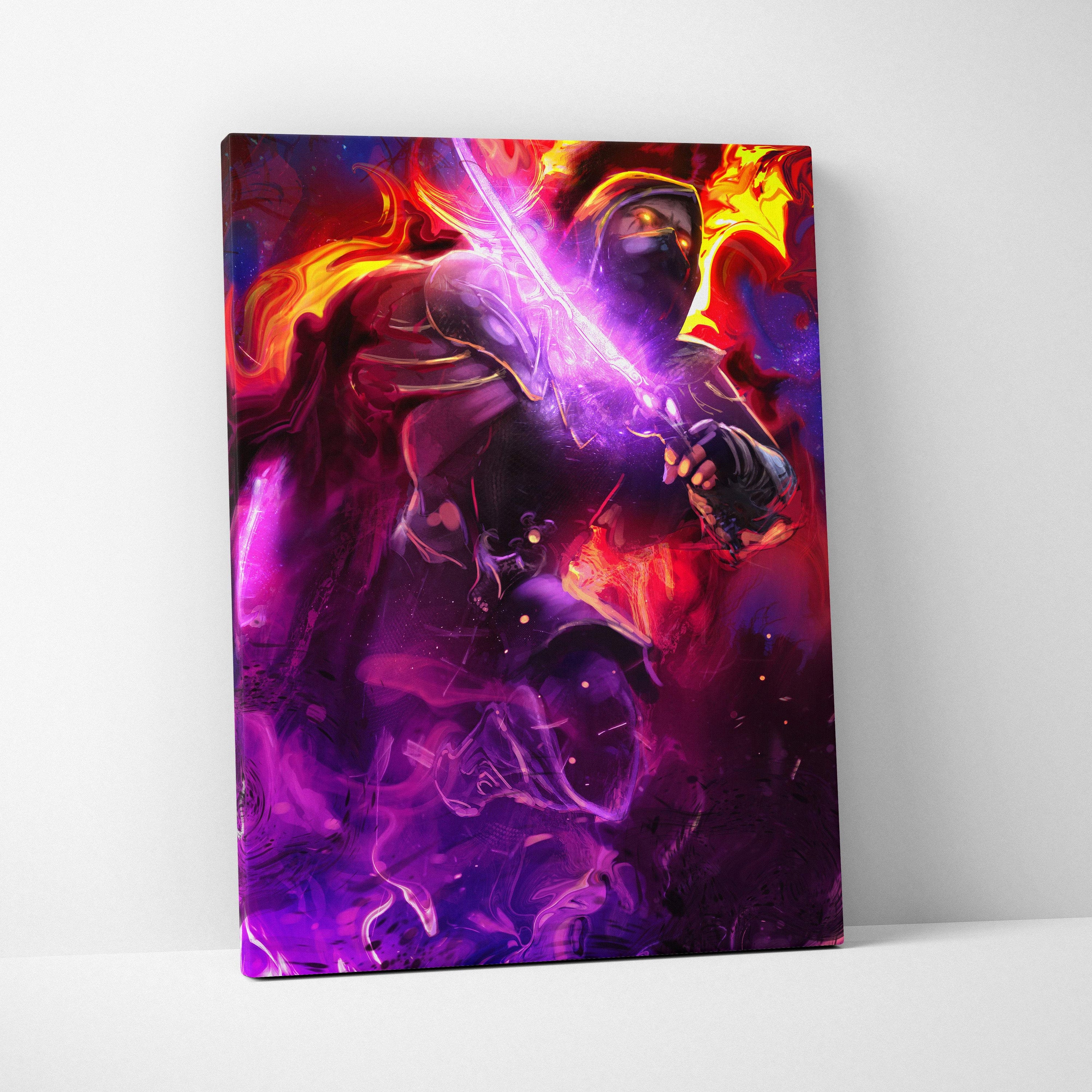 Neon shadow assassin canvas wall art featuring a vibrant purple and orange flame-themed masked warrior with glowing sword