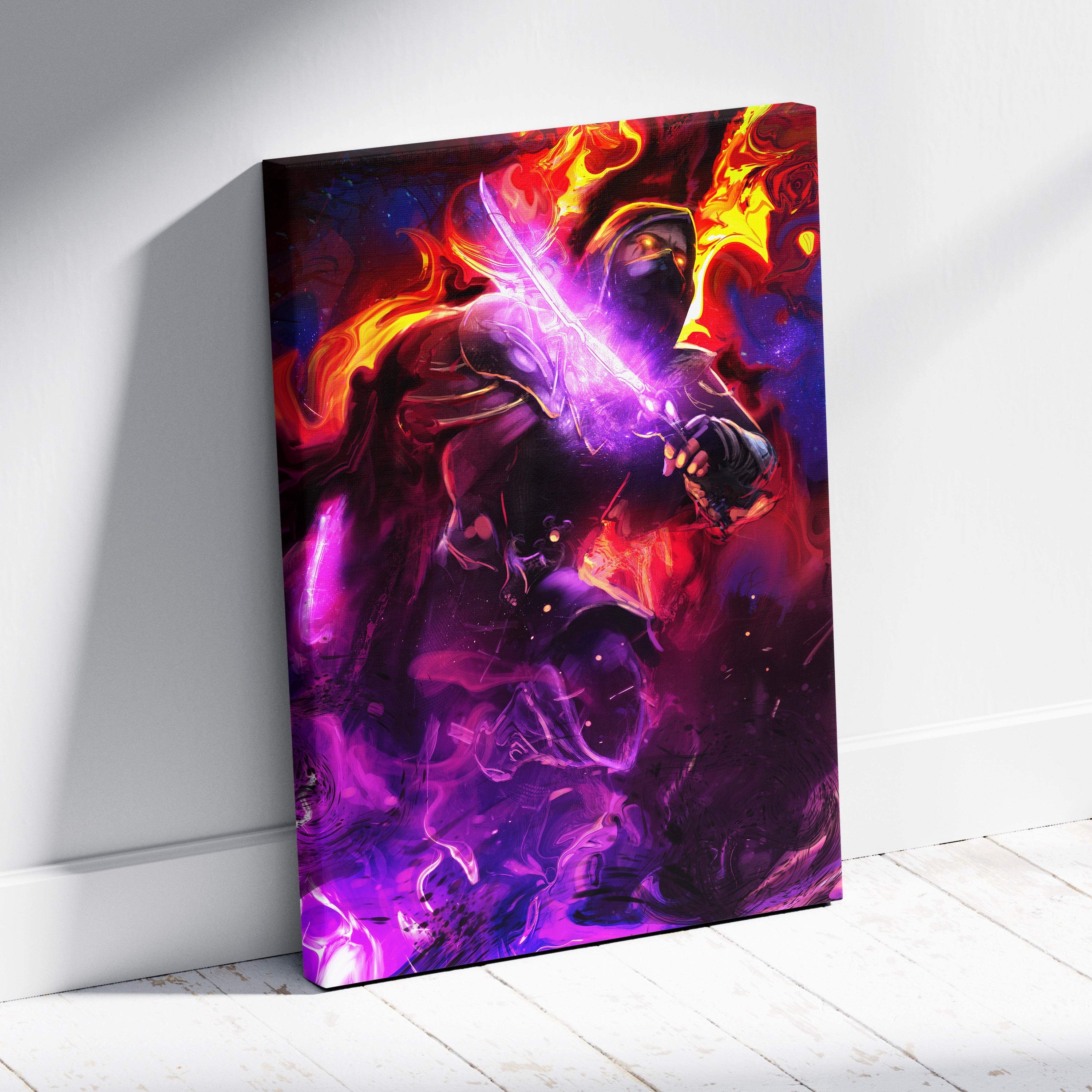 Neon shadow assassin canvas wall art with dark hooded warrior holding glowing purple sword amid red and orange flames
