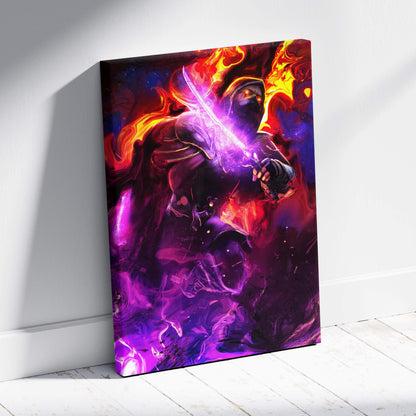 Neon shadow assassin canvas wall art with dark hooded warrior holding glowing purple sword amid red and orange flames