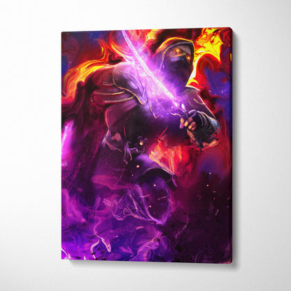 Vibrant neon shadow assassin canvas wall art featuring a hooded warrior with glowing purple sword and fiery energy swirls