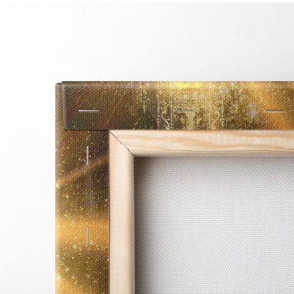Golden celestial goddess canvas wall art with radiant gold texture and light wood frame for elegant home decor