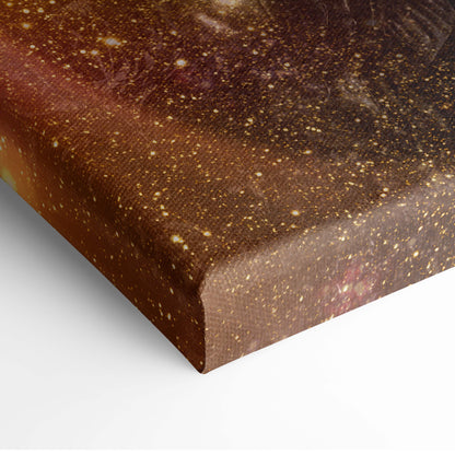 Golden celestial goddess canvas wall art showing cosmic scene with golden stars on deep brown and purple hues