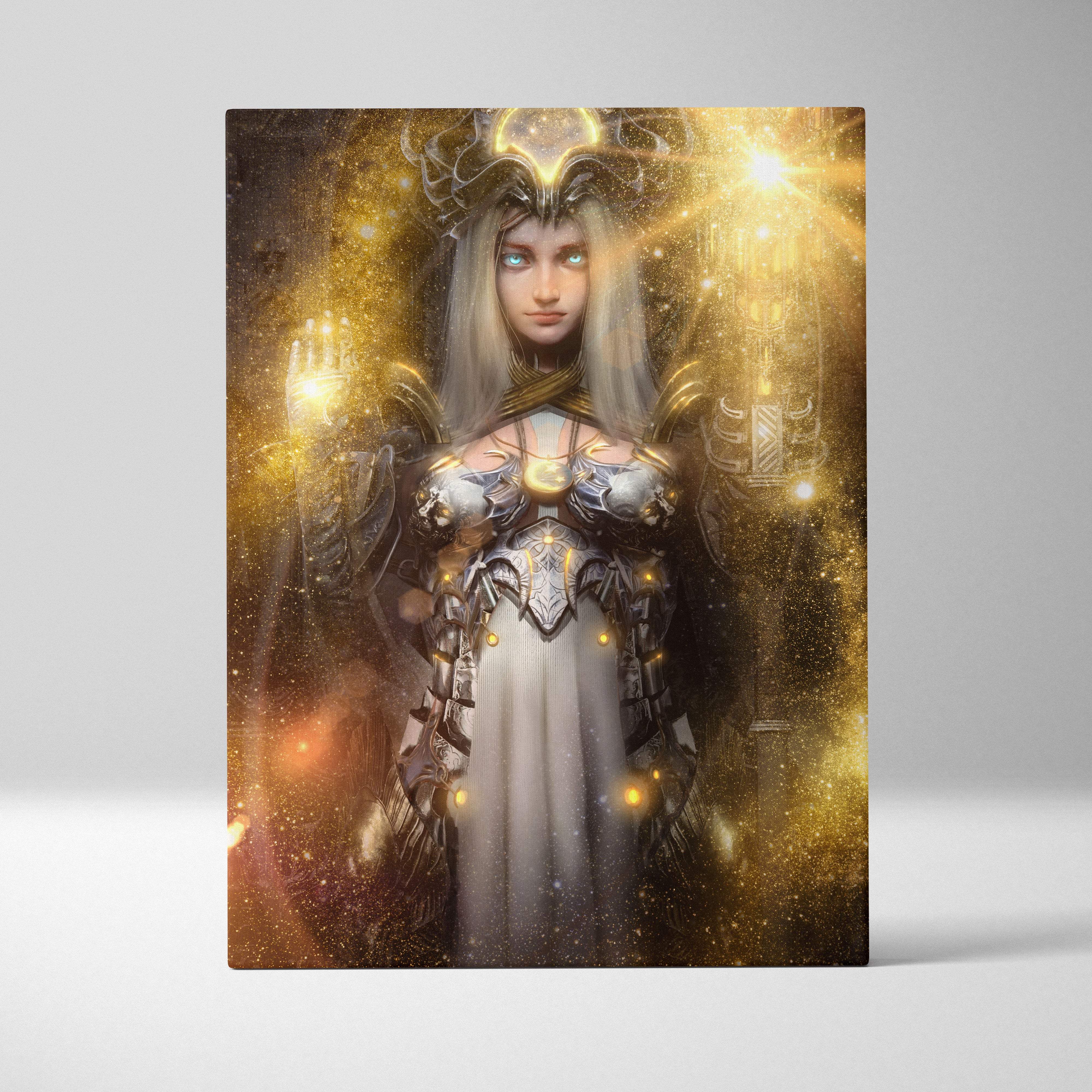 Golden celestial goddess canvas wall art featuring a regal armored female figure with glowing eyes and radiant light effects