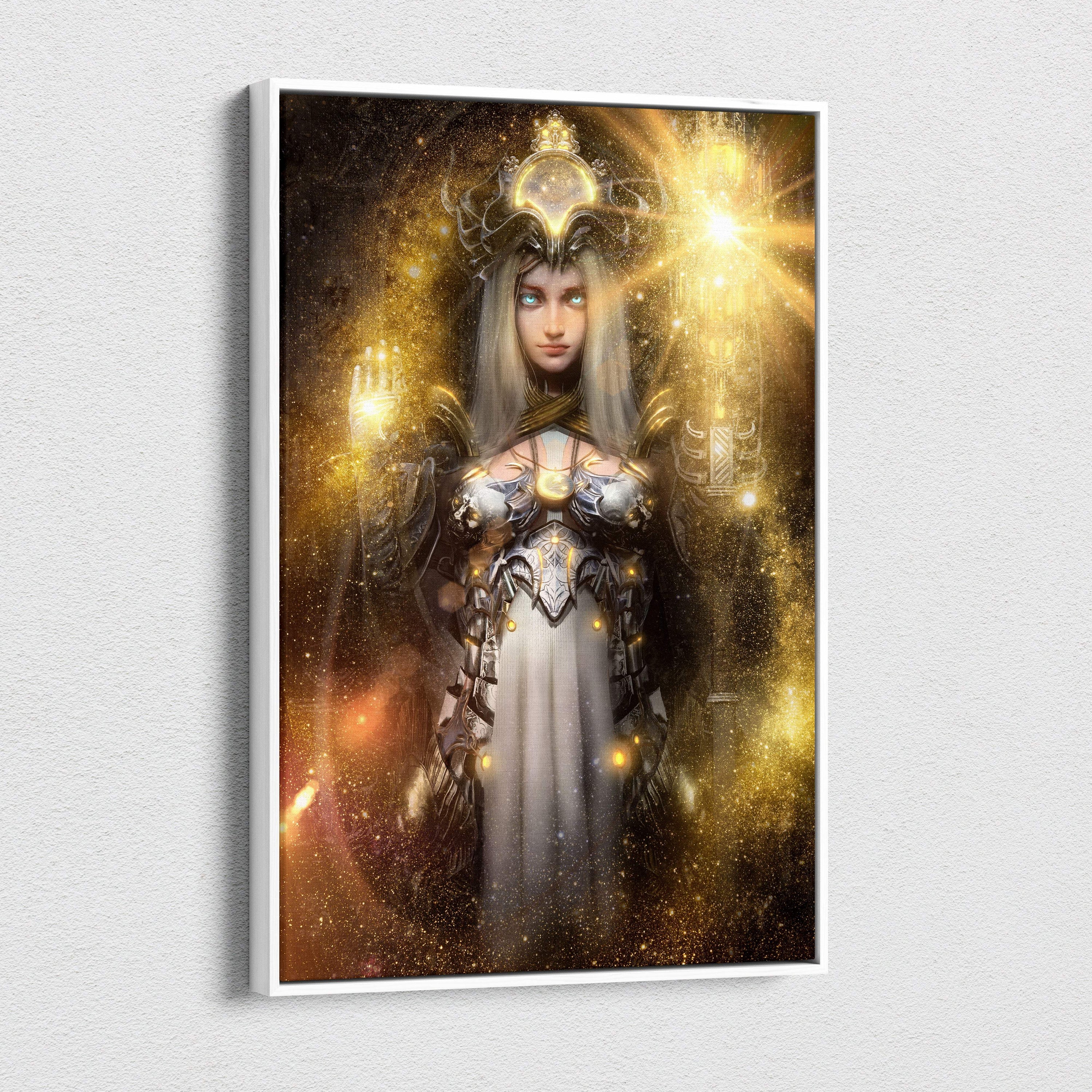 A framed canvas print of a golden celestial goddess in ornate silver and gold armor with glowing cosmic accents