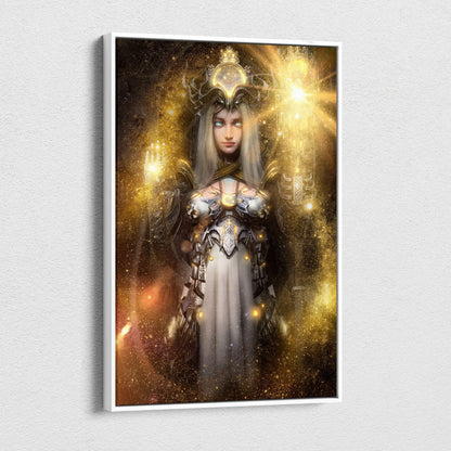 A framed canvas print of a golden celestial goddess in ornate silver and gold armor with glowing cosmic accents