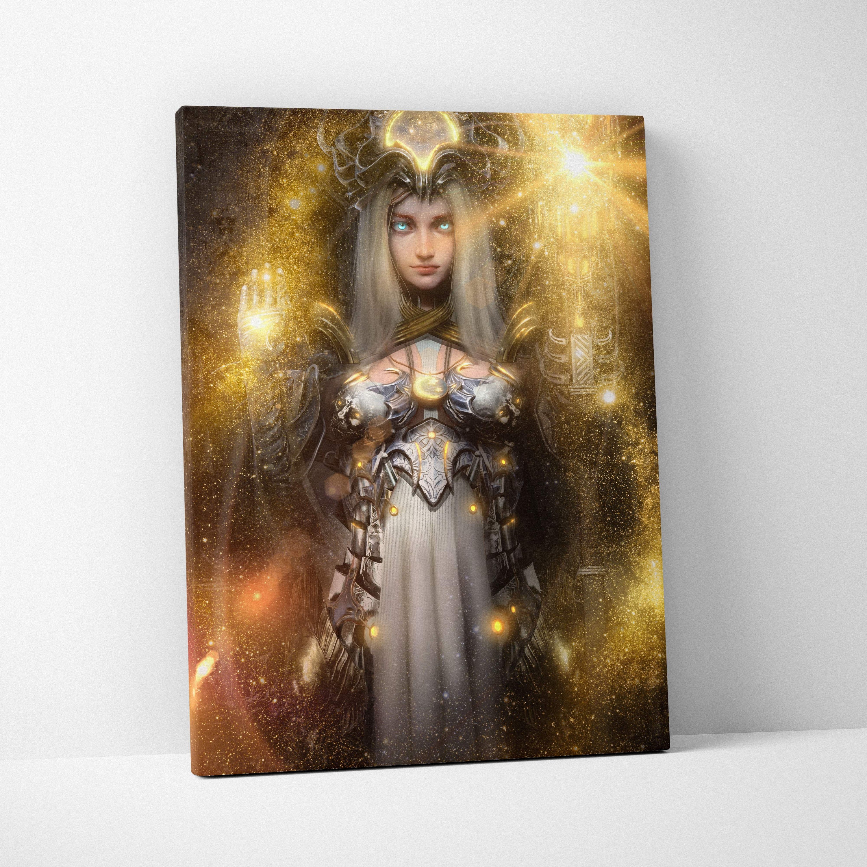A canvas print of a fantasy woman in ornate silver and gold armor with glowing golden light effects and ethereal magic