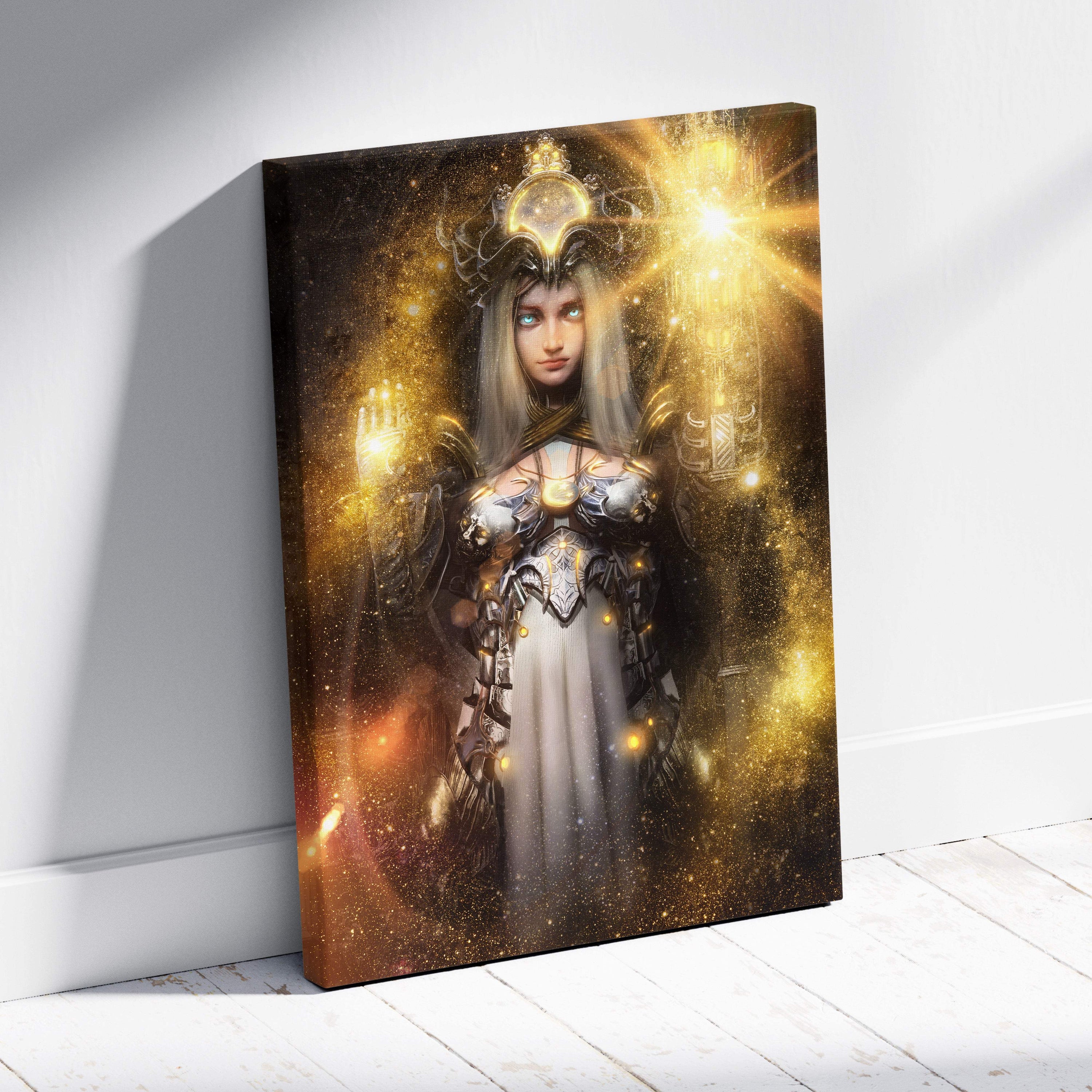 A canvas print of a fantasy woman in ornate silver and gold armor with glowing particles on a dark cosmic background