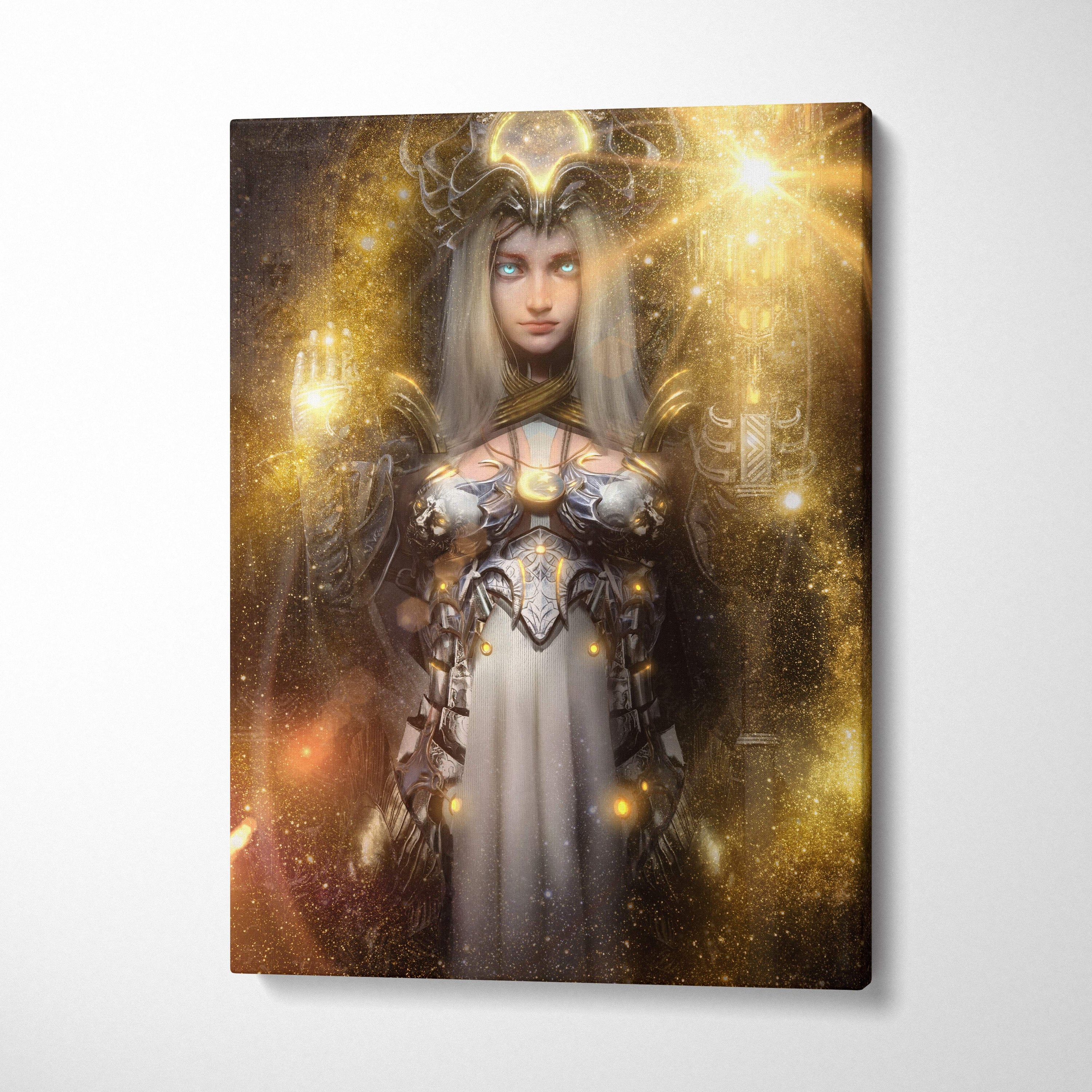 Golden celestial goddess canvas wall art featuring a regal figure in silver armor and glowing celestial motifs