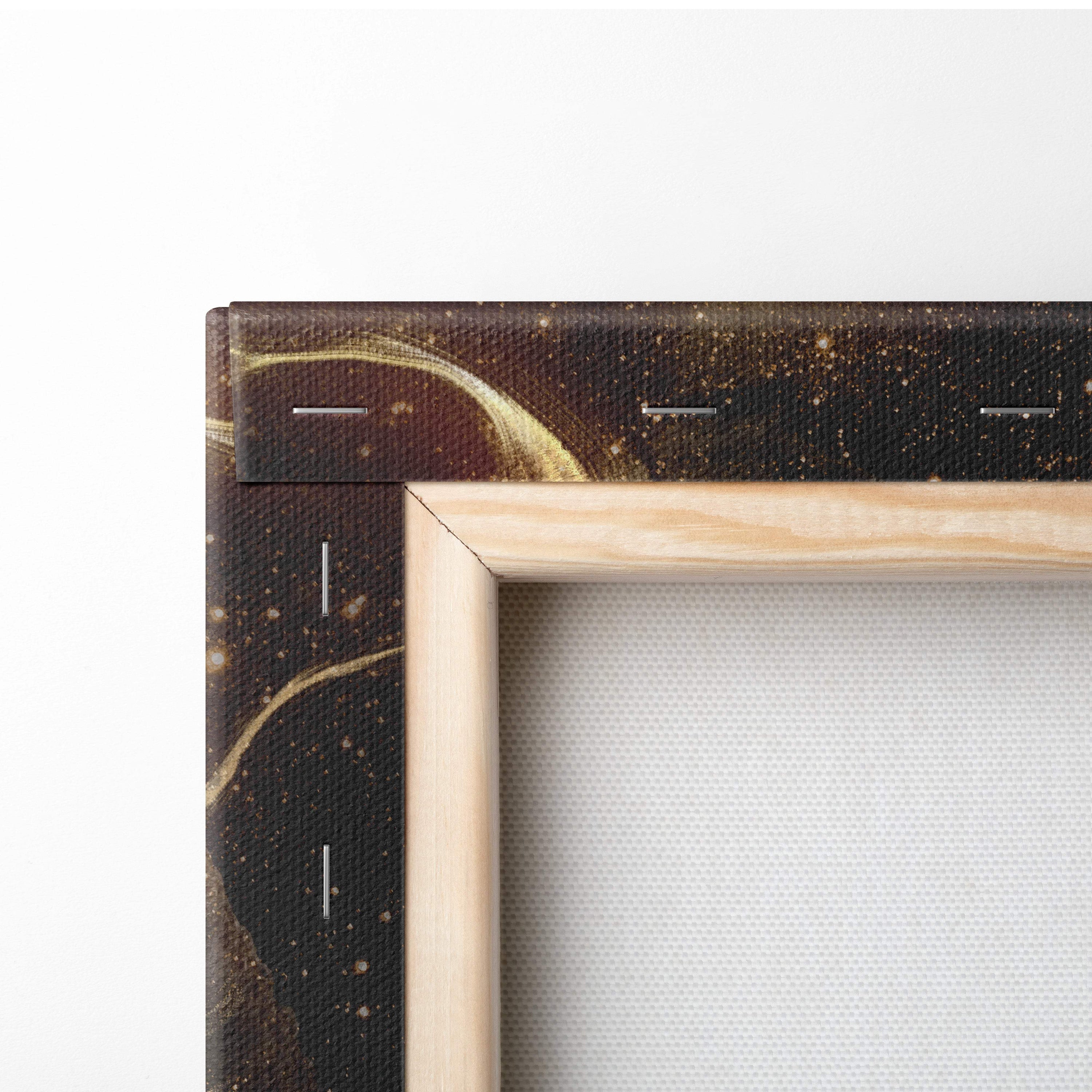 A wooden-framed canvas print featuring a cosmic swirling gold and dark brown nebula with sacred symbols and celestial energy