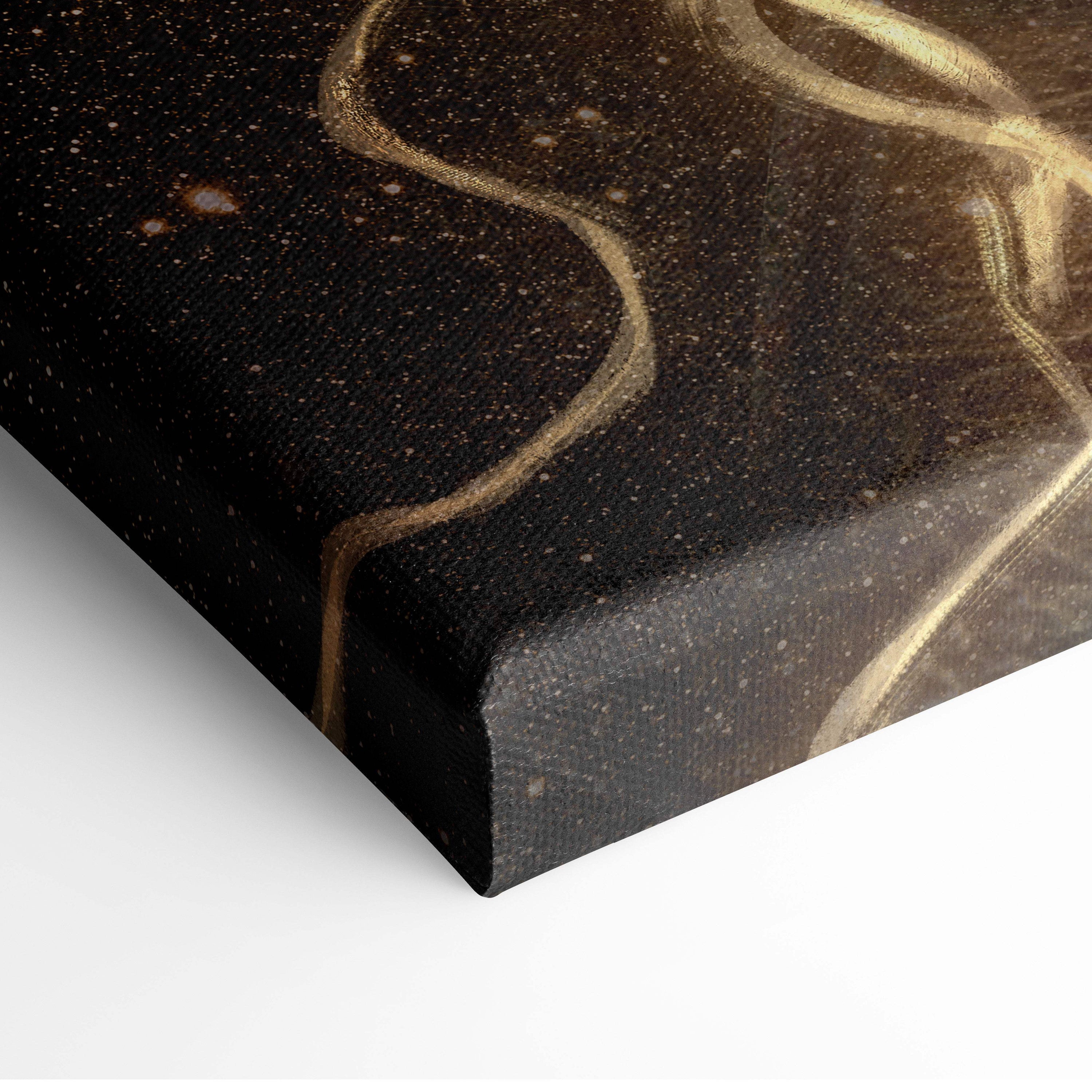 Black canvas wall art featuring swirling gold lines and celestial energy against a starry night sky backdrop