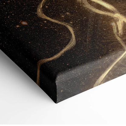 Black canvas wall art featuring swirling gold lines and celestial energy against a starry night sky backdrop