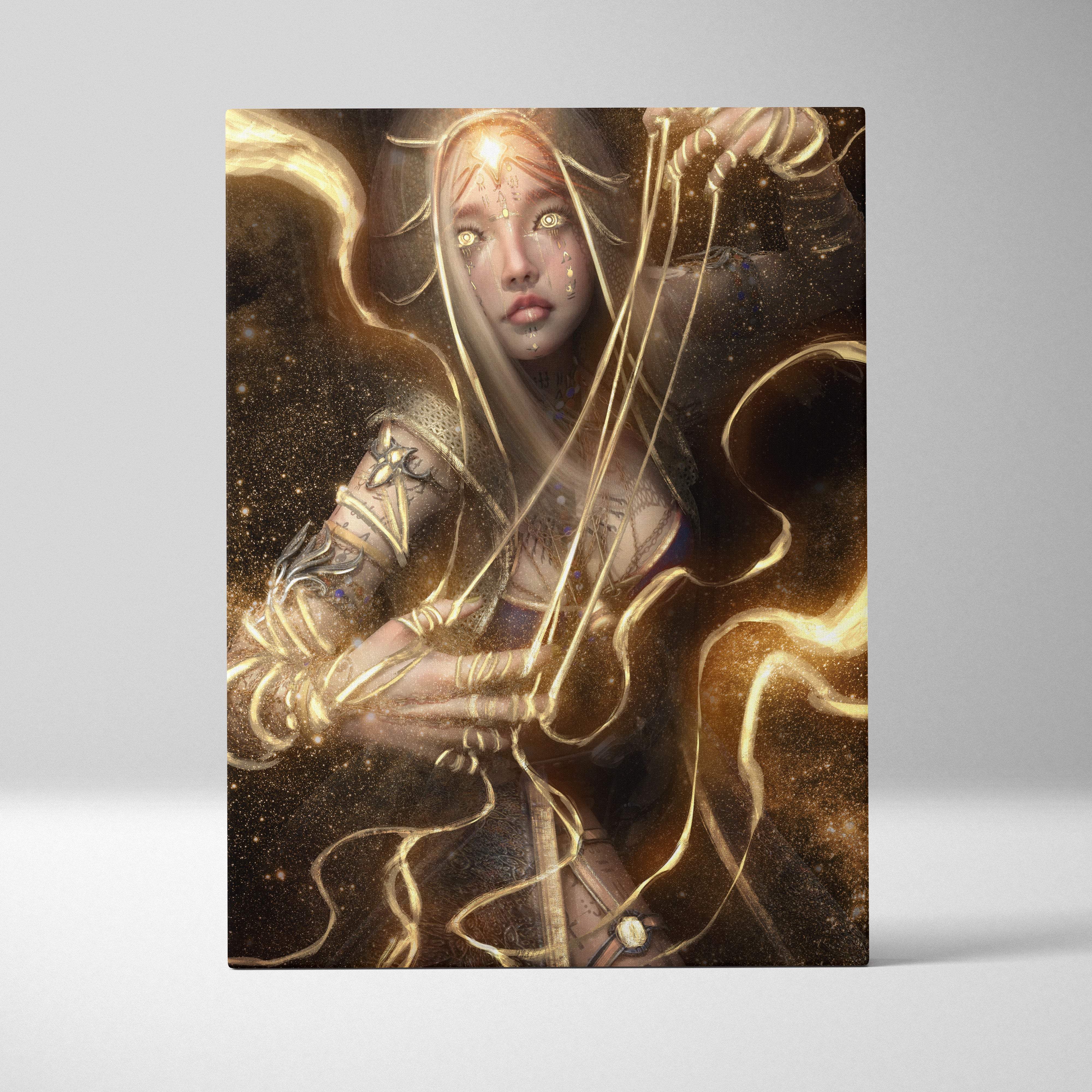 Rectangular canvas print of a fantasy ethereal female warrior with glowing golden energy and detailed metallic armor