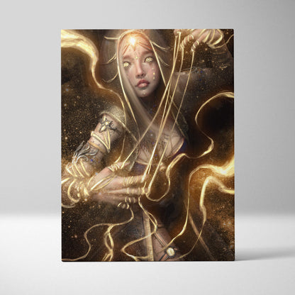 Rectangular canvas print of a fantasy ethereal female warrior with glowing golden energy and detailed metallic armor