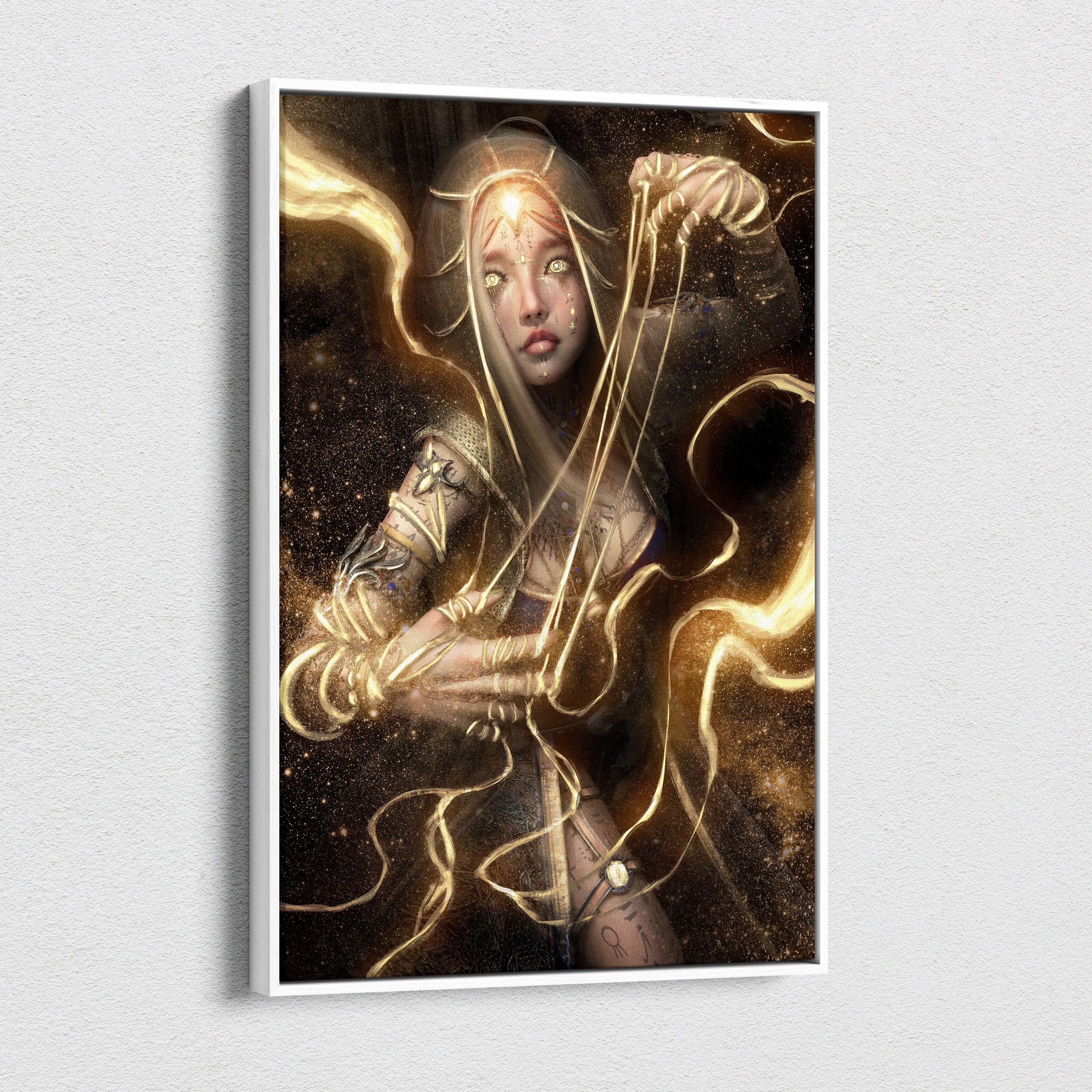A framed ethereal golden oracle canvas wall art showing a fantasy woman in golden armor with glowing energy tendrils