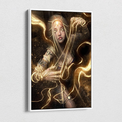 A framed ethereal golden oracle canvas wall art showing a fantasy woman in golden armor with glowing energy tendrils