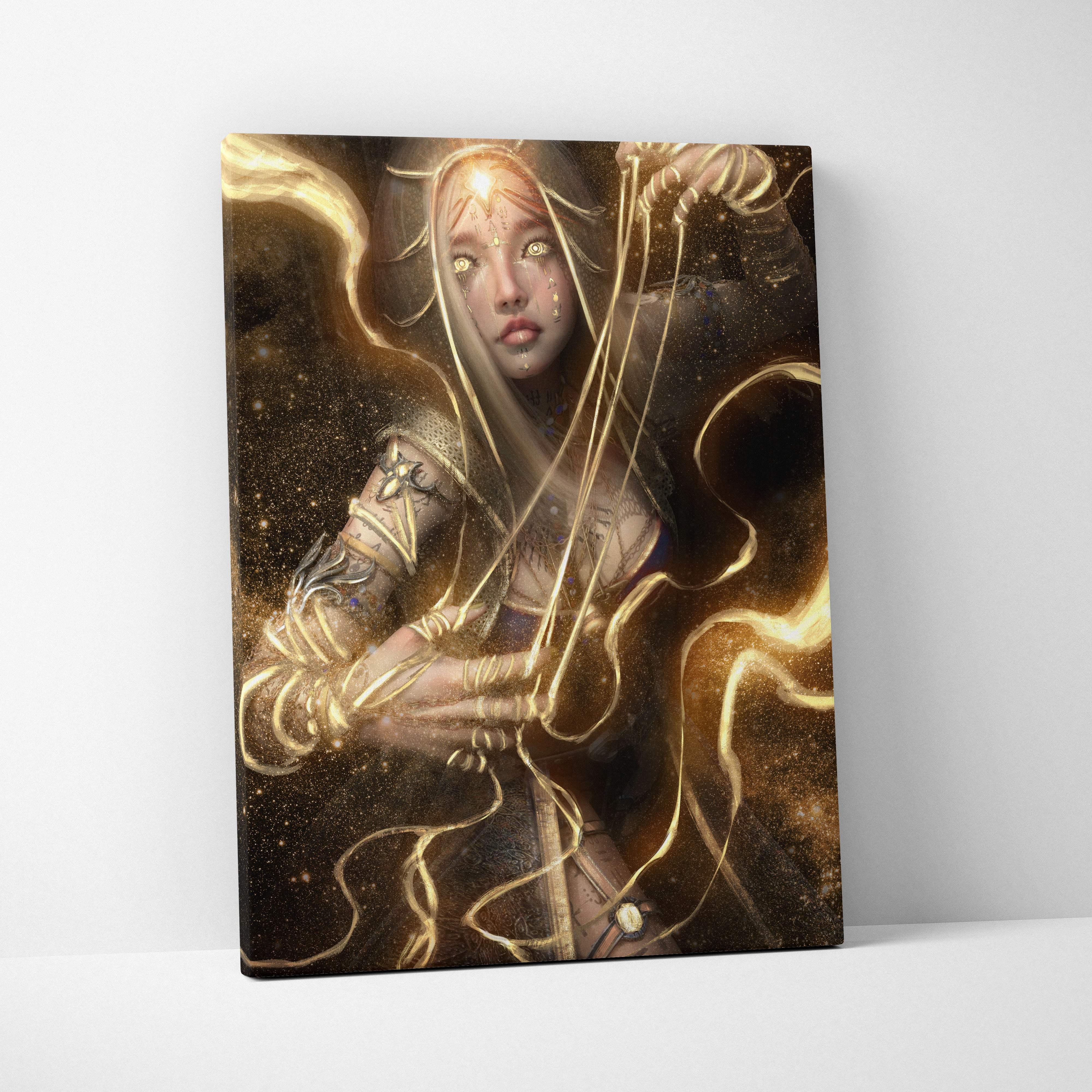 Ethereal golden oracle canvas wall art featuring a mystic goddess with glowing celestial energy and sacred symbols