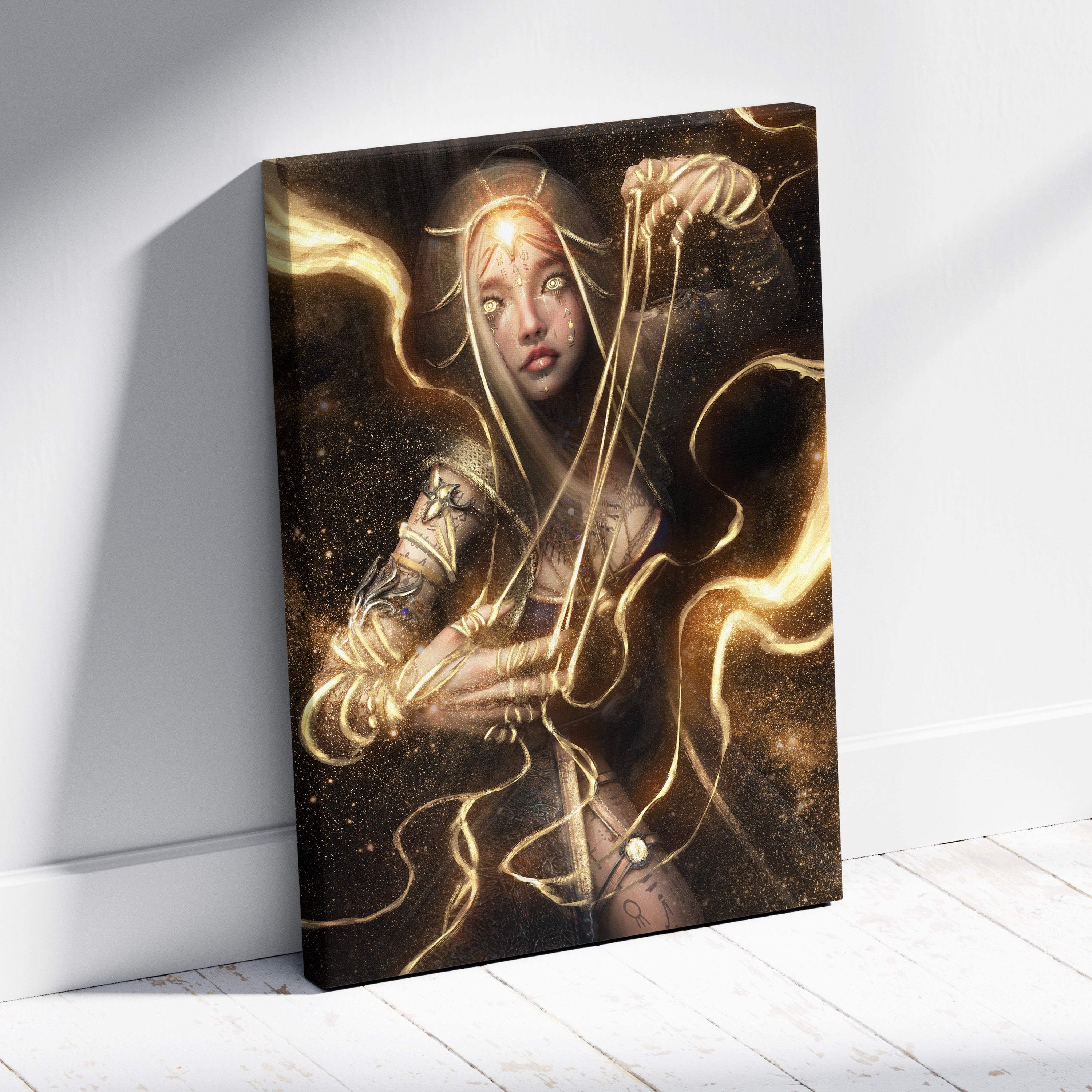 Rectangular canvas print of a fantasy portrait featuring a golden haired woman with glowing ethereal energy and sacred symbols