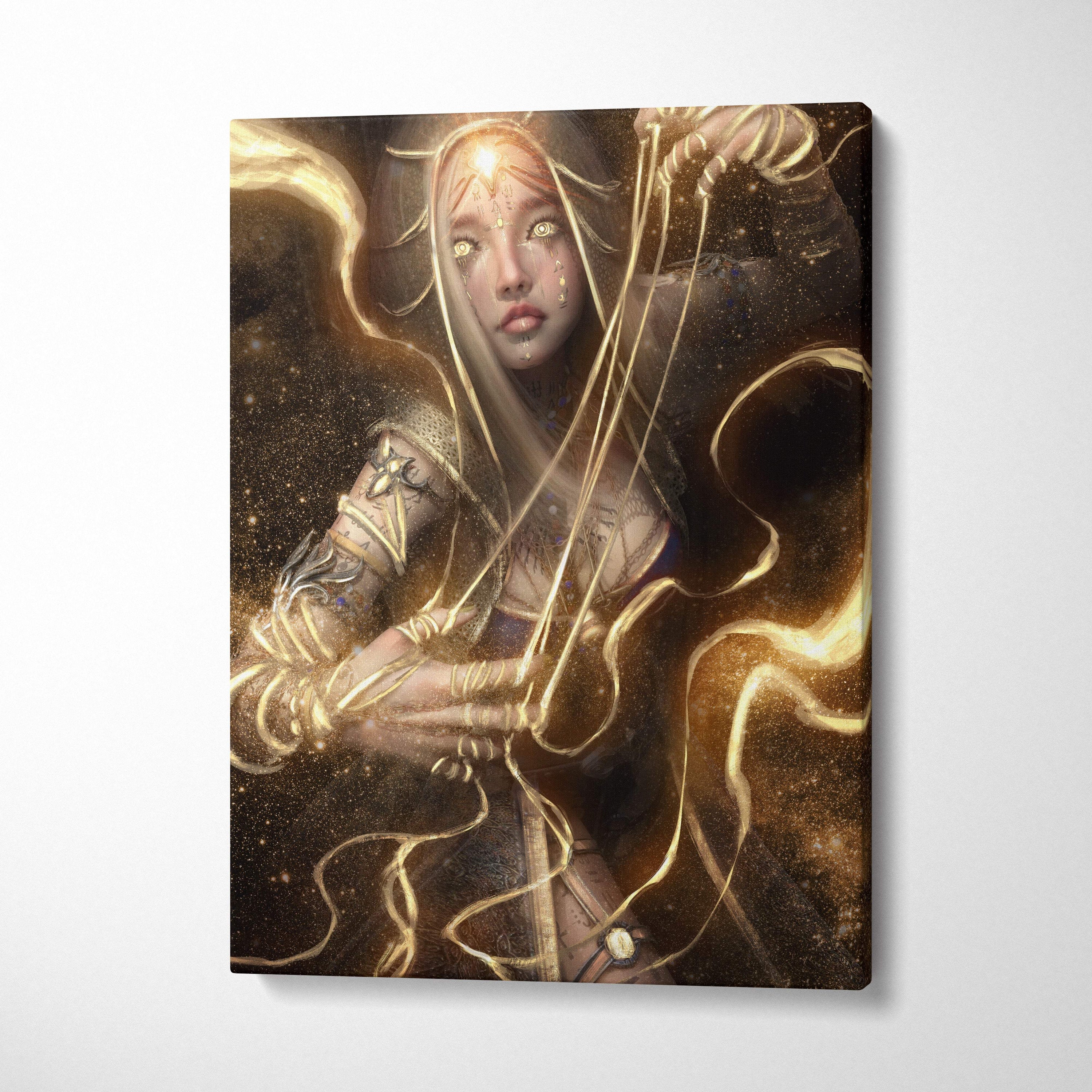 Ethereal golden oracle canvas wall art showing a fantasy woman with glowing golden hair and armor on a dark cosmic background