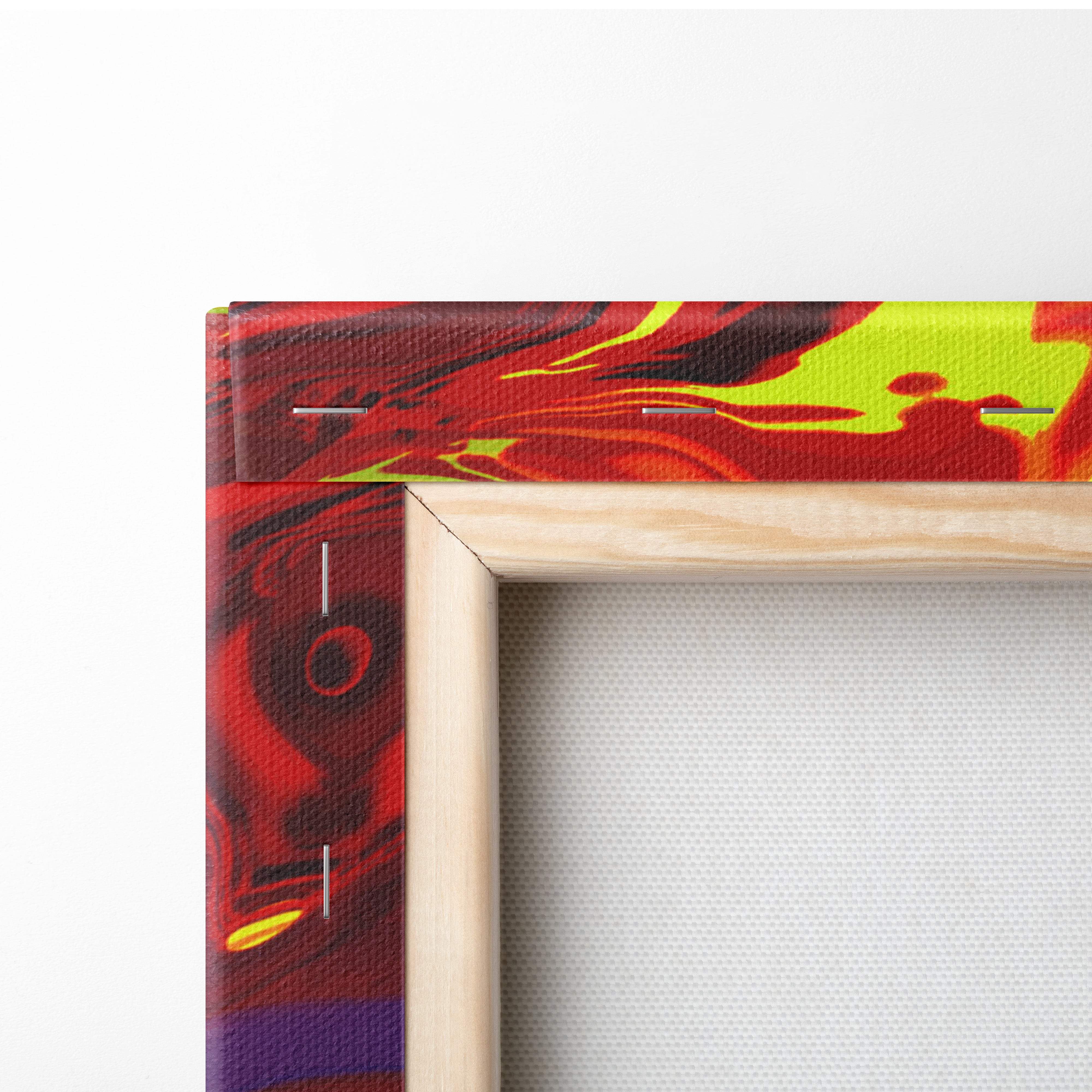 Neon flame knight canvas art featuring vibrant red purple and gold abstract swirling hues in a light wood frame