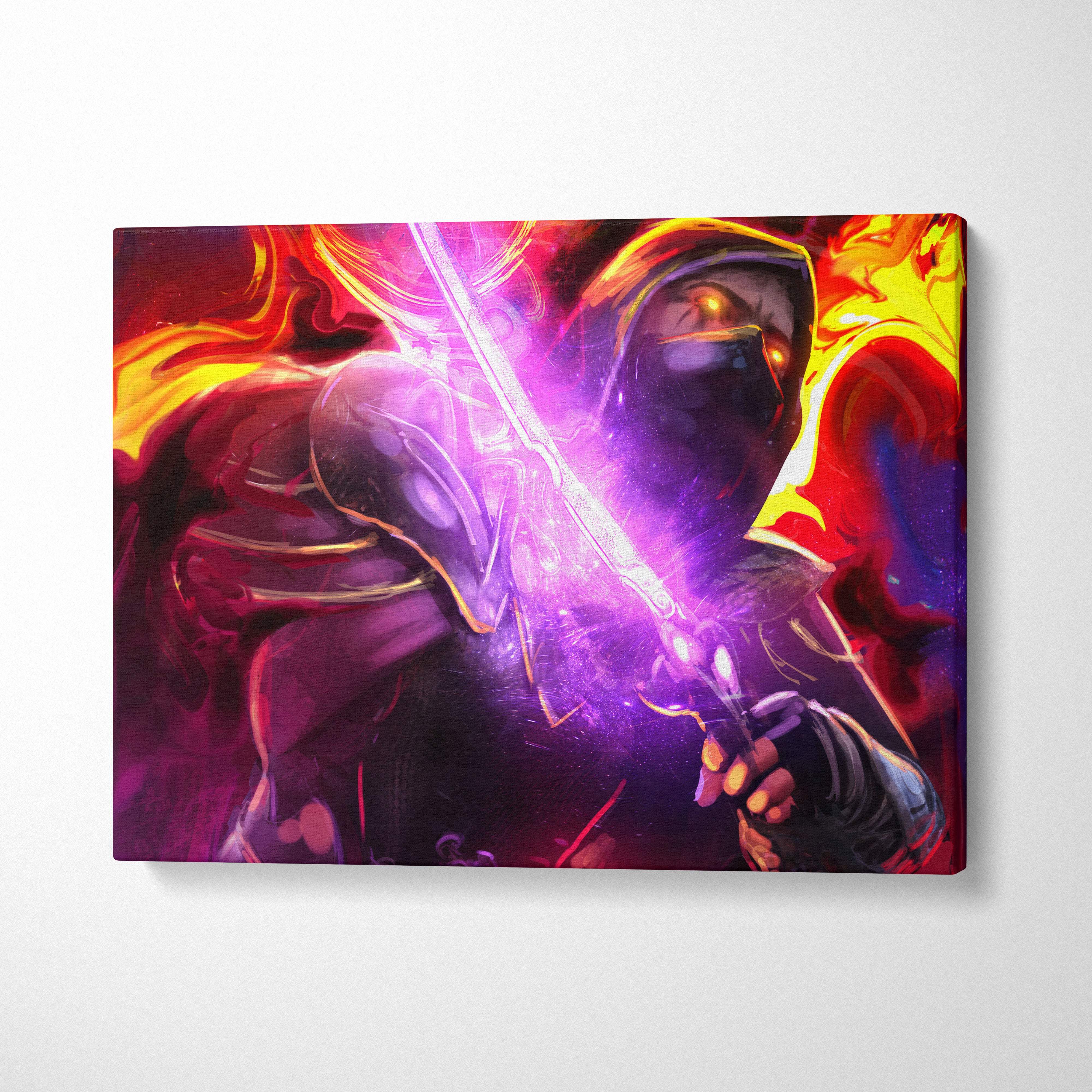 Neon flame knight canvas art of a hooded warrior in dark armor with glowing sword on vibrant red purple background