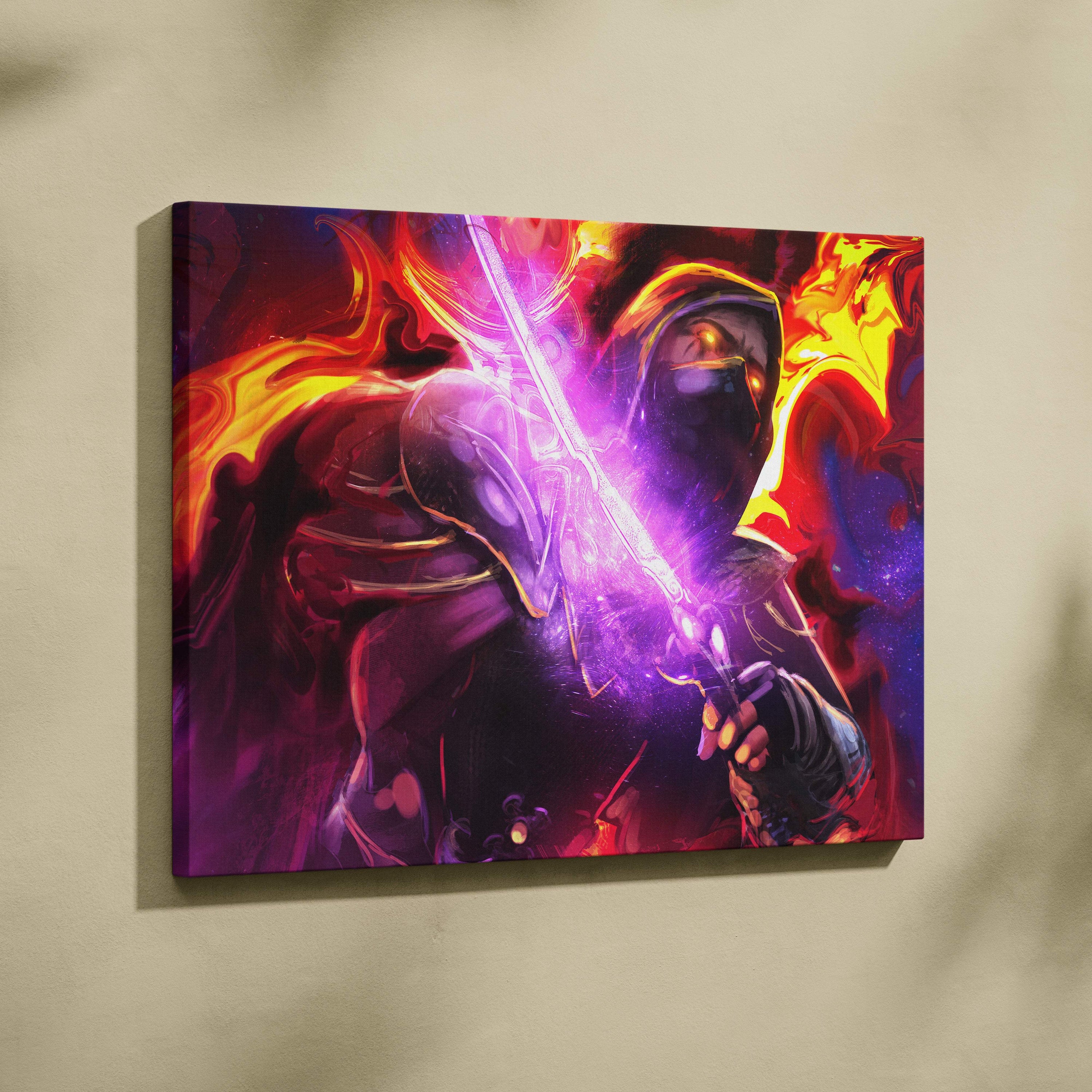 Vibrant canvas print of a hooded warrior with a glowing purple sword against fiery red and orange backgrounds