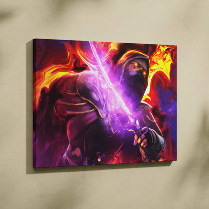 Vibrant canvas print of a hooded warrior with a glowing purple sword against fiery red and orange backgrounds