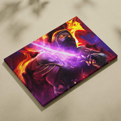 Vibrant neon flame knight canvas art featuring a hooded warrior with glowing purple sword in fiery red and gold cosmic swirls