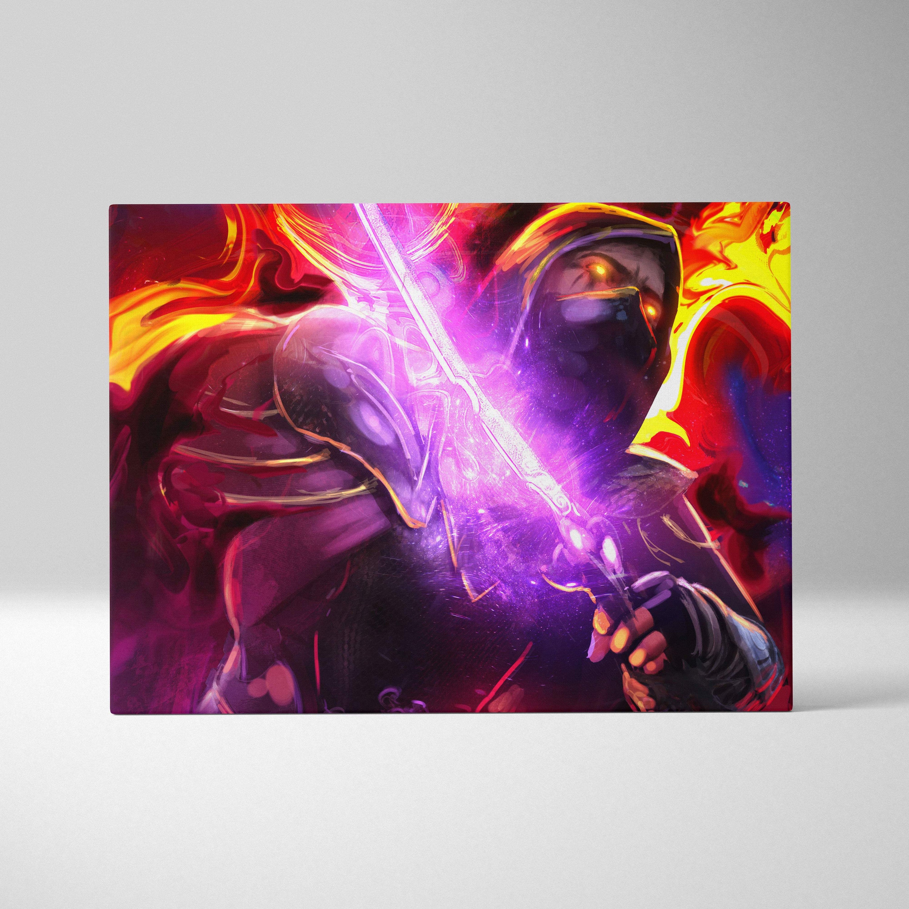 Vibrant neon flame knight canvas art featuring a hooded warrior with a glowing purple sword in fiery red and gold tones