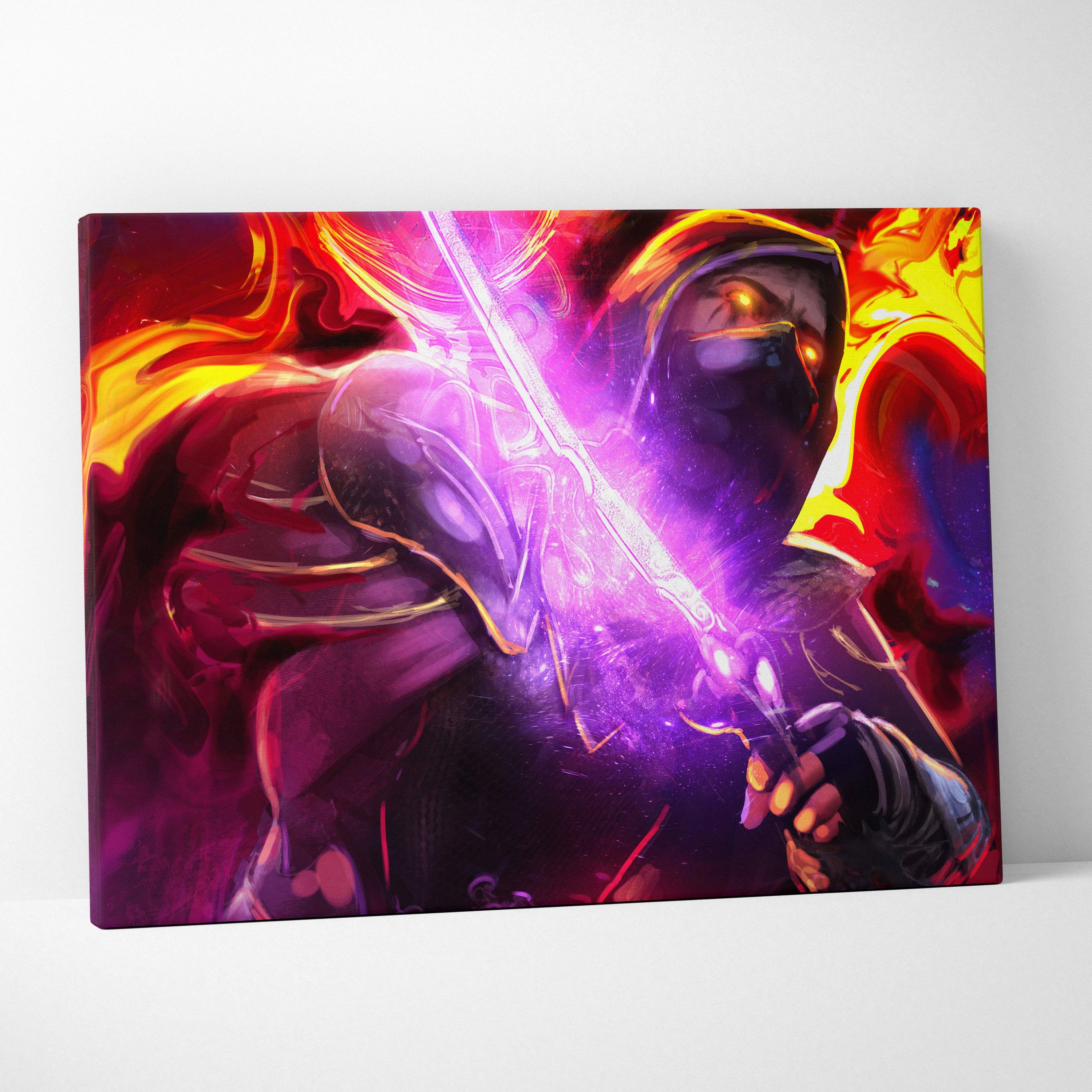 Vibrant canvas print of a hooded warrior in dark armor with a glowing purple sword and fiery red orange background