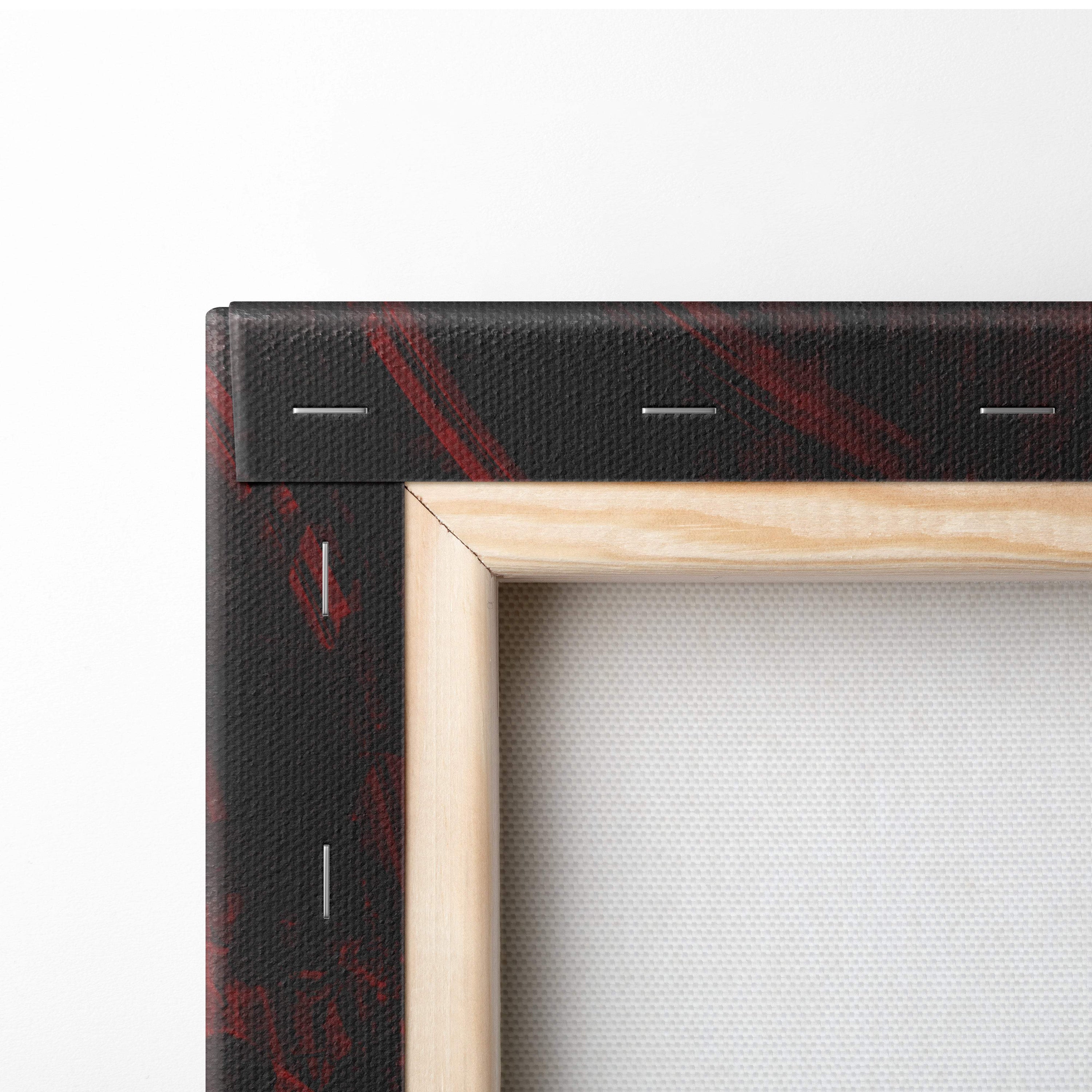 Hellfire archer canvas art featuring black background with red brushstroke accents framed in light wood for wall decor
