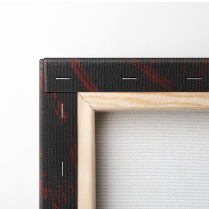 Hellfire archer canvas art featuring black background with red brushstroke accents framed in light wood for wall decor