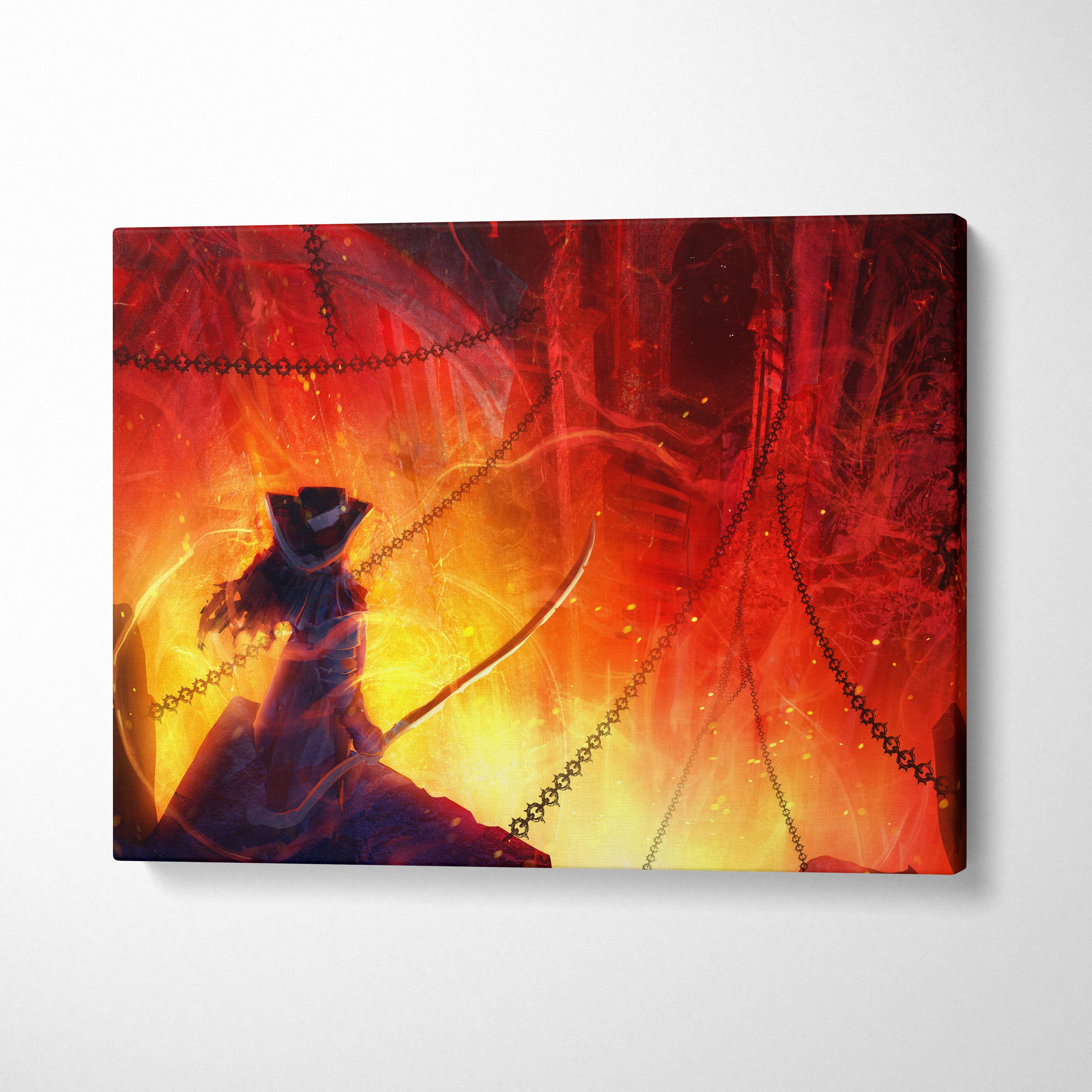 A vibrant red and orange canvas print of a dark silhouette archer holding a sword in fiery chains wall decor