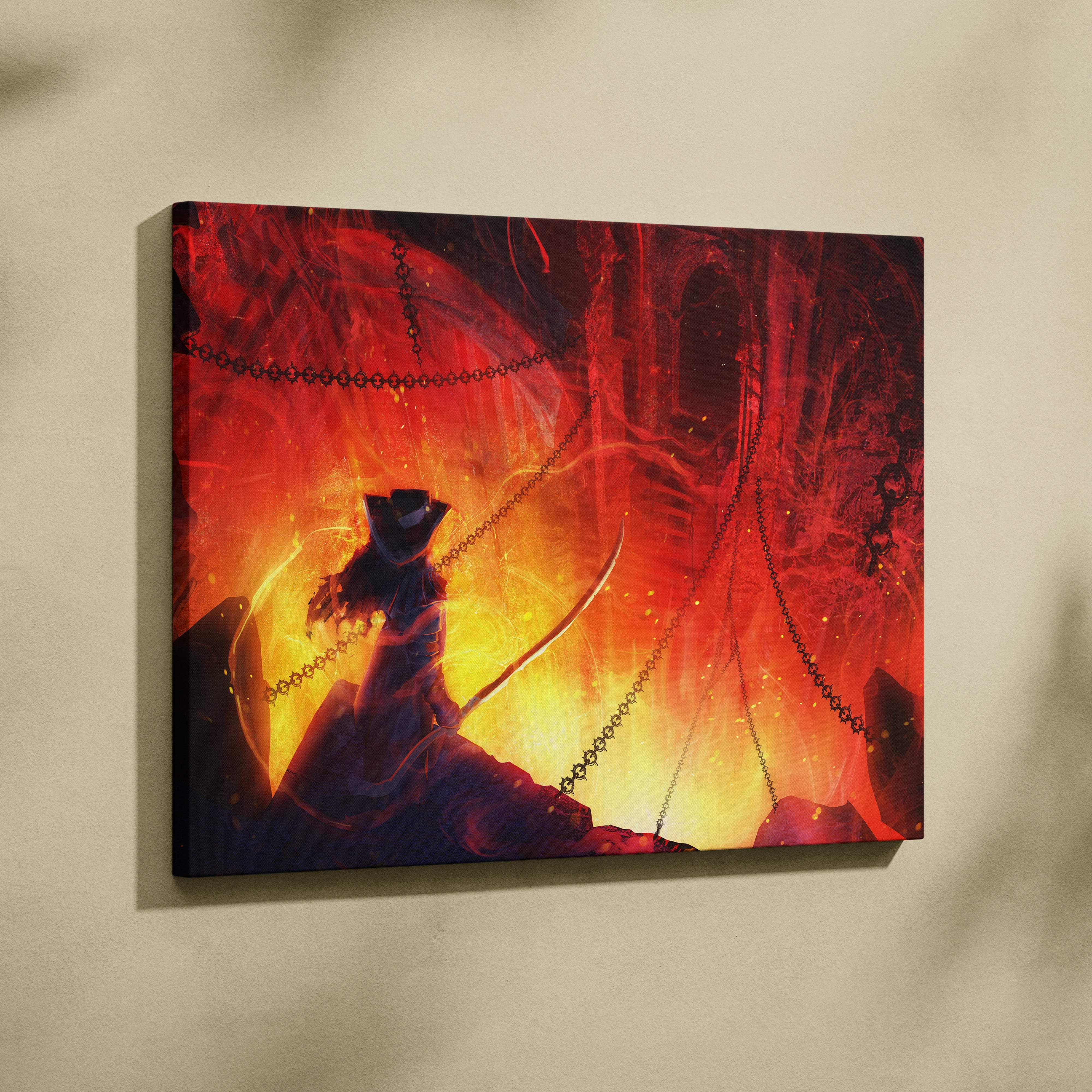 Hellfire archer canvas art featuring vibrant red and orange digital painting of a dark fantasy warrior with chains