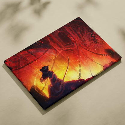 Hellfire archer canvas art vibrant red and orange stretched canvas showing a dark fantasy warrior with chains and fiery backdrop