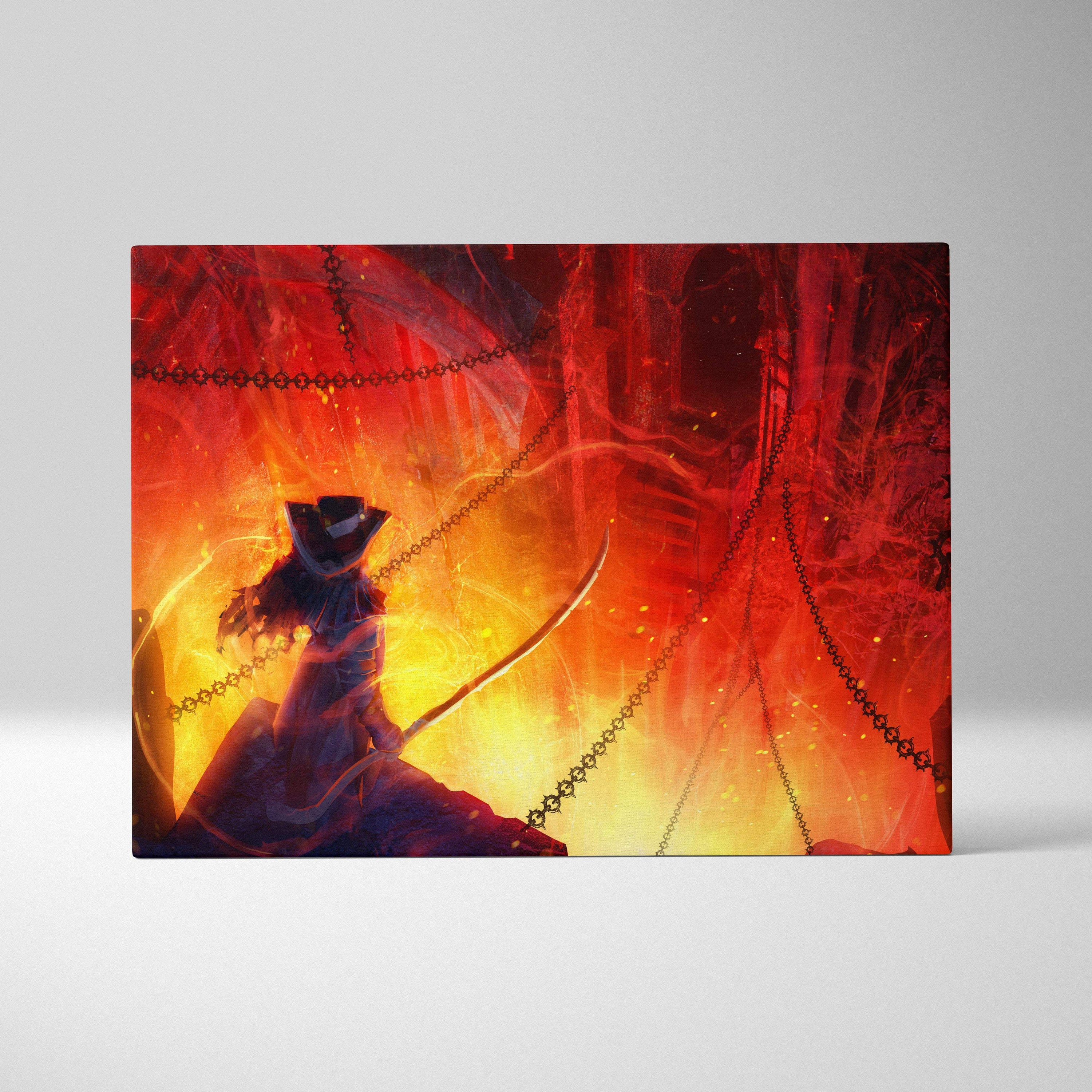 Hellfire archer canvas art featuring a dark fantasy warrior with sword against fiery red and orange inferno chains backdrop