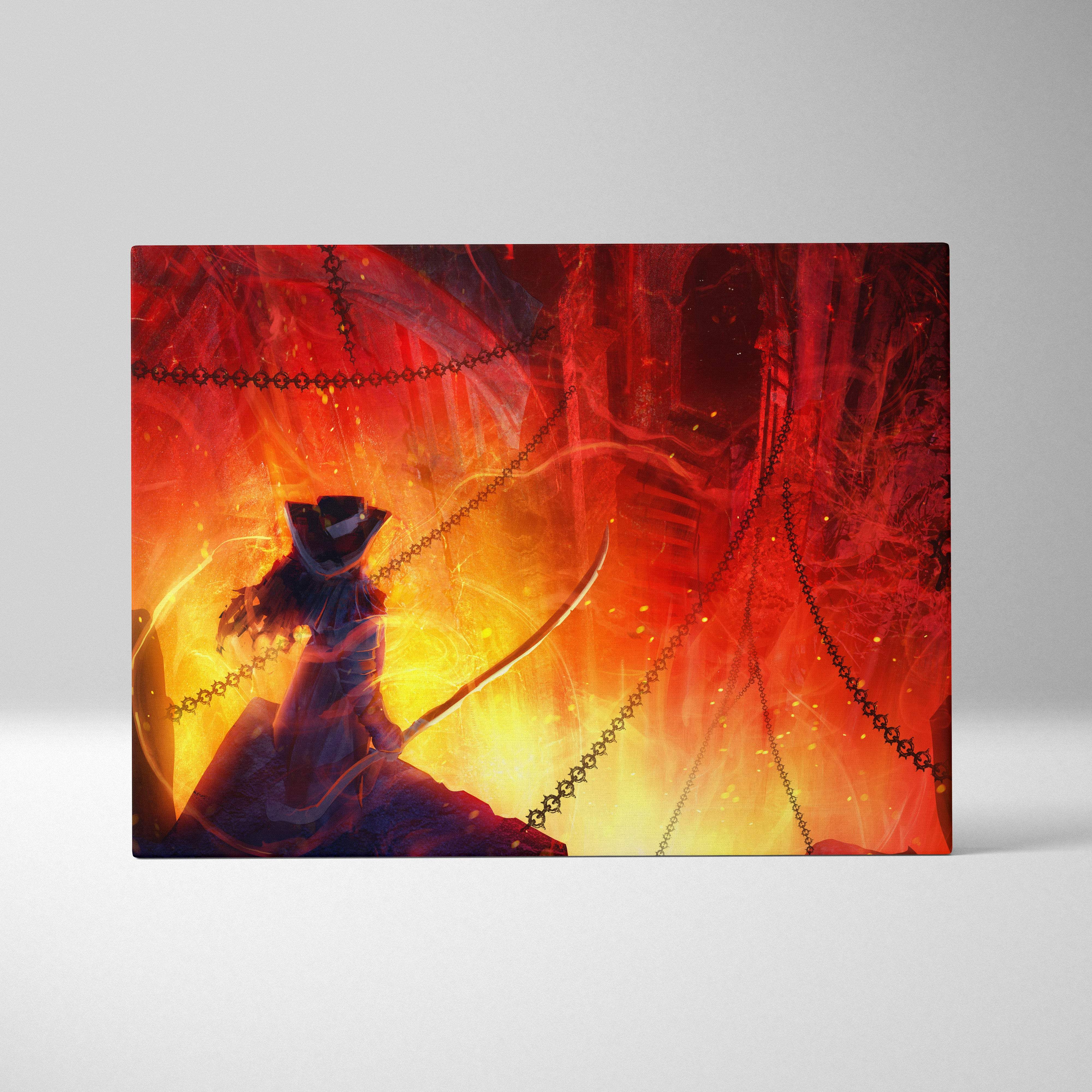 Hellfire archer canvas art featuring a dark fantasy warrior with sword against fiery red and orange inferno chains backdrop